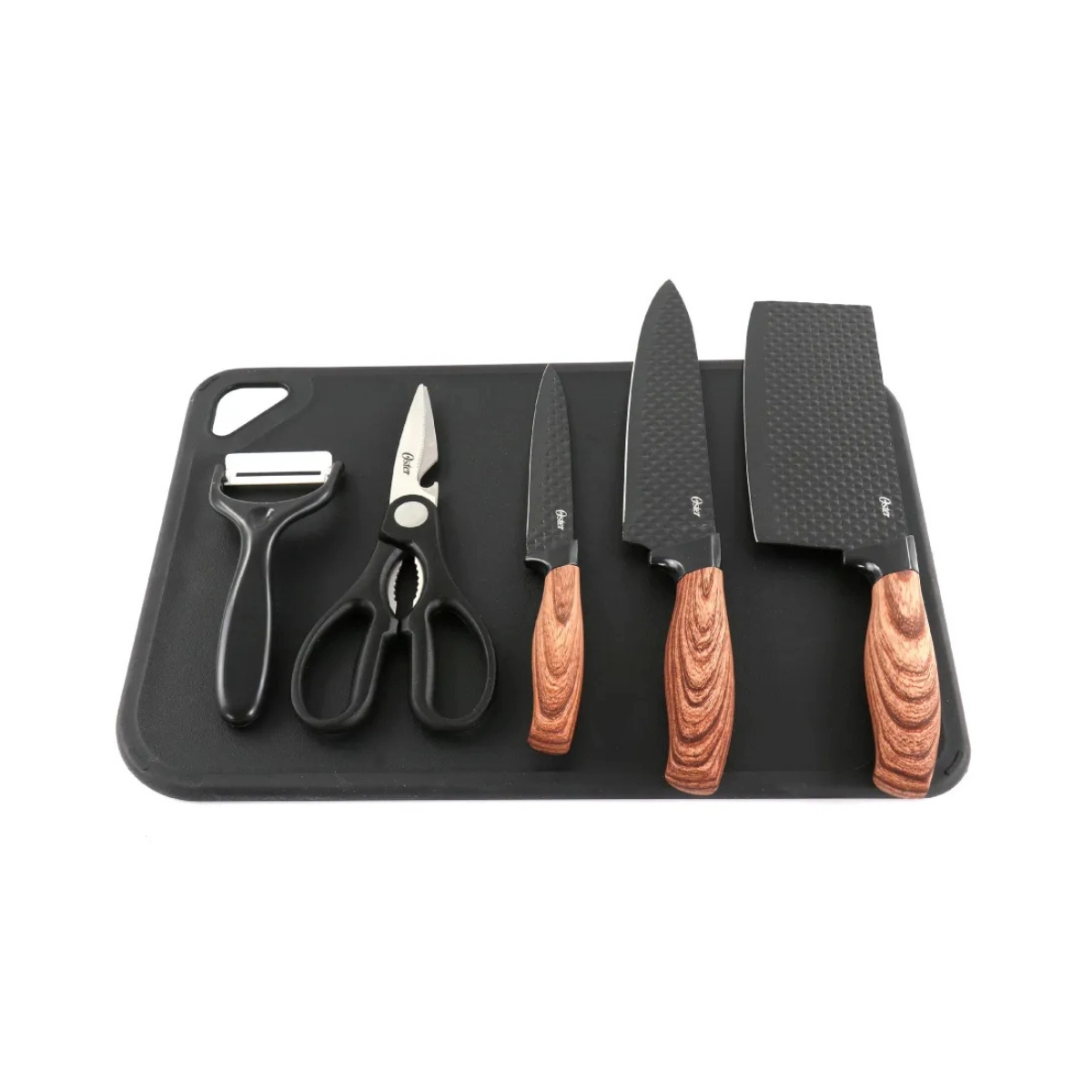 JOGO DE FACAS OSTER GUNDERSON 5 PEÇAS INOX ANTIADERENTE COM TÁBUA E CUTELO PROFISSIONAL
