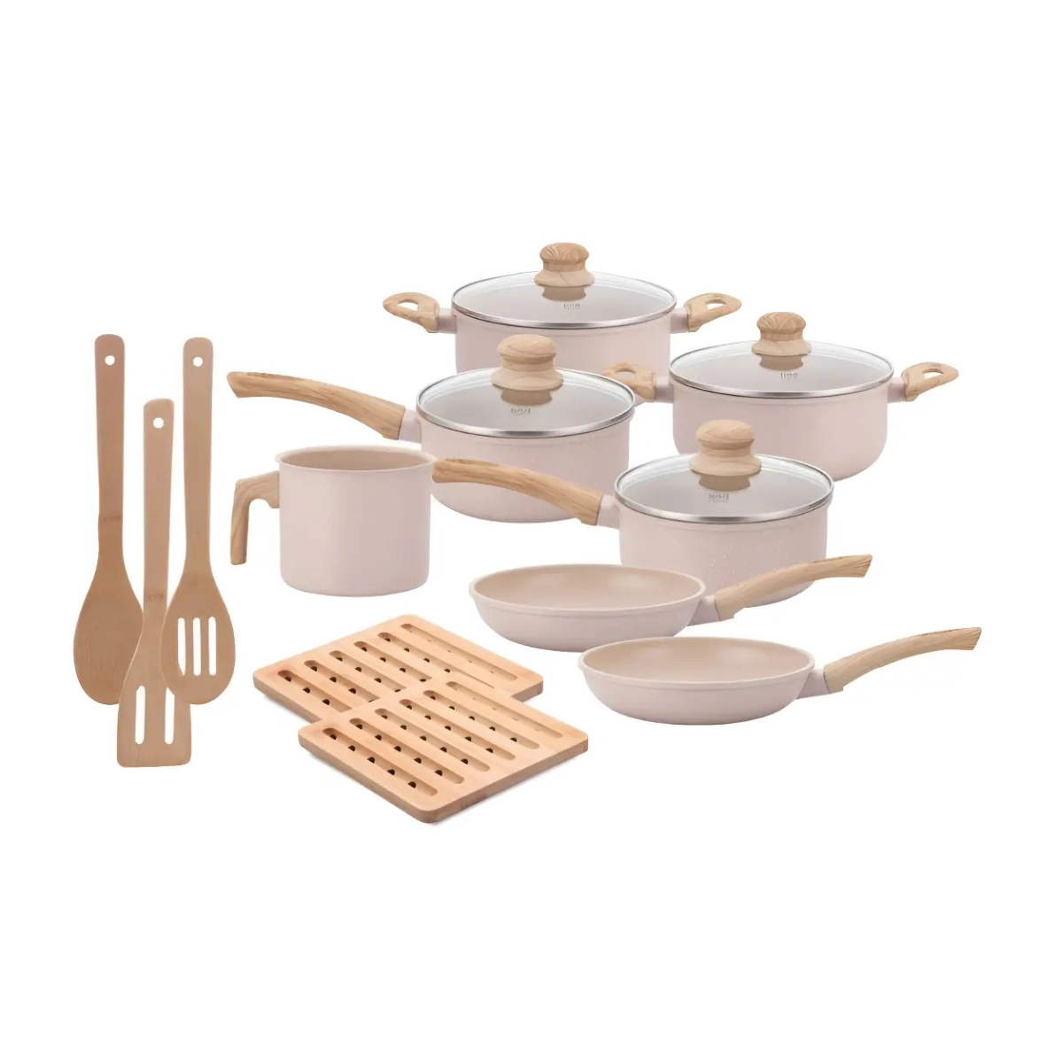 Jogo de Panelas Indução Antiaderente 12 Peças Fundo Triplo Alumínio Ecoglide Vanilla Latte