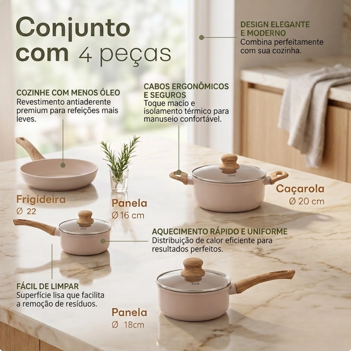 Jogo de Panelas Indução Antiaderente Fundo Triplo Revestimento Cerâmico Vanilla Latte