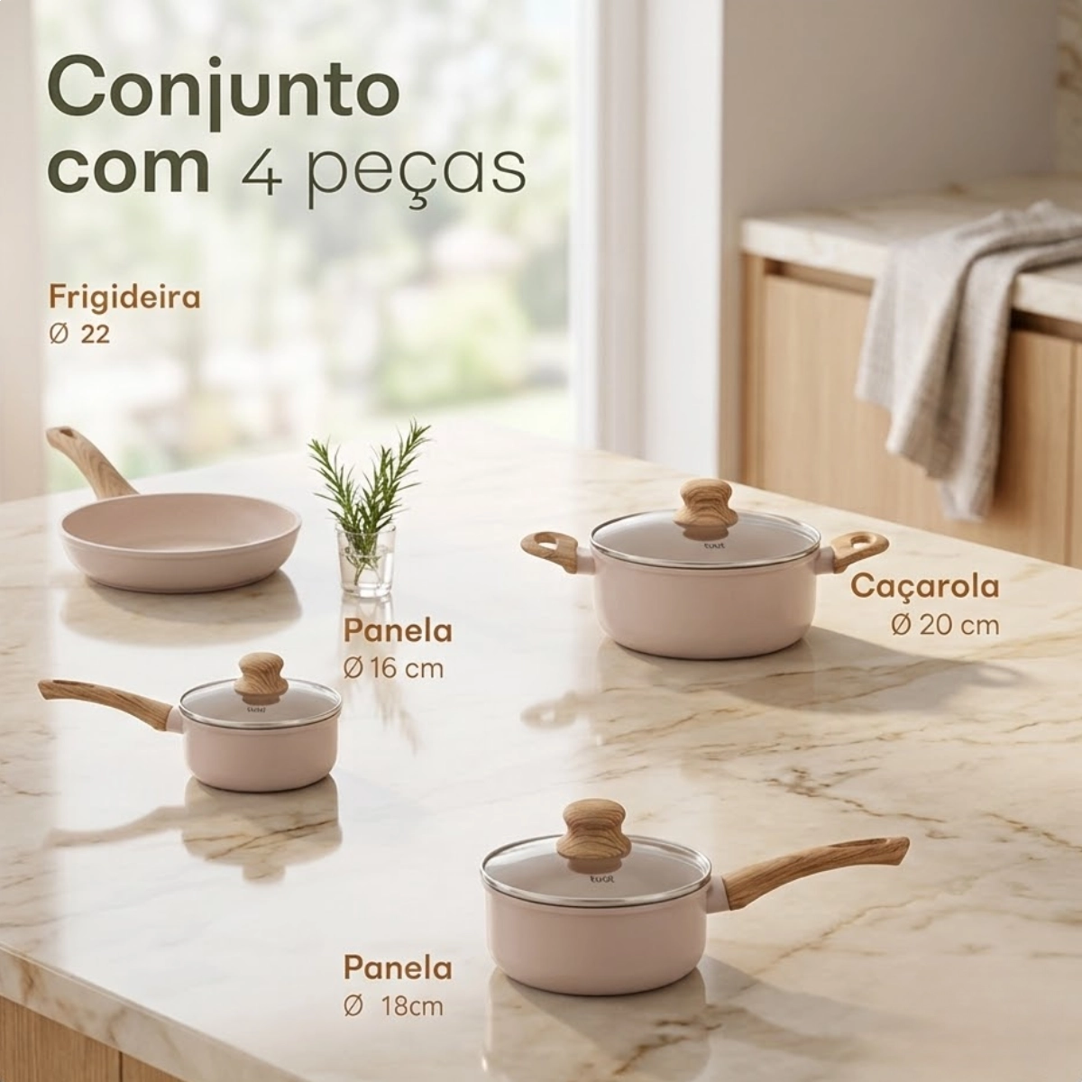 Jogo de Panelas Indução Antiaderente Fundo Triplo Revestimento Cerâmico Vanilla Latte
