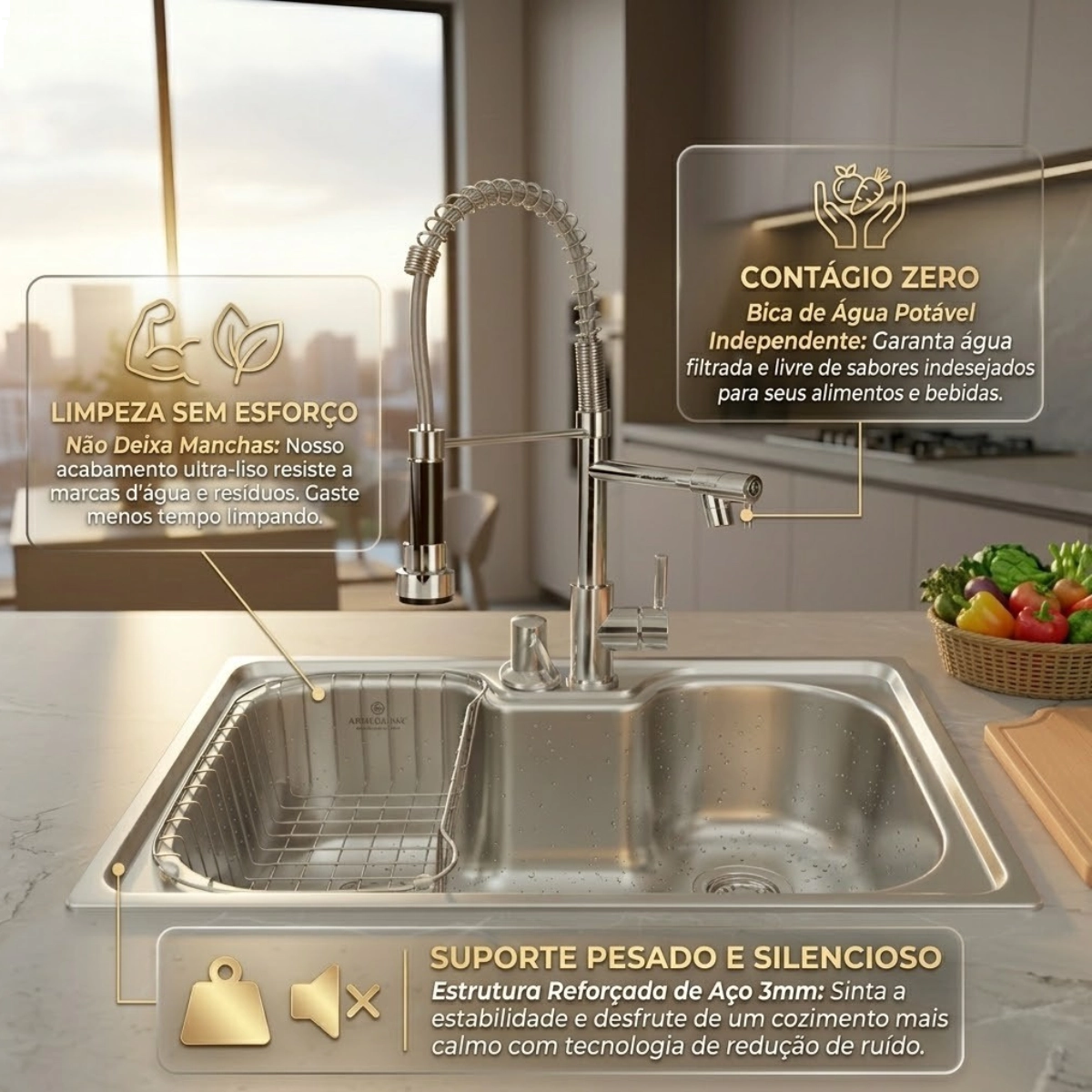 KIT CUBA GOURMET 60X42CM ACO INOX 304 COM ACESSORIOS E TORNEIRA