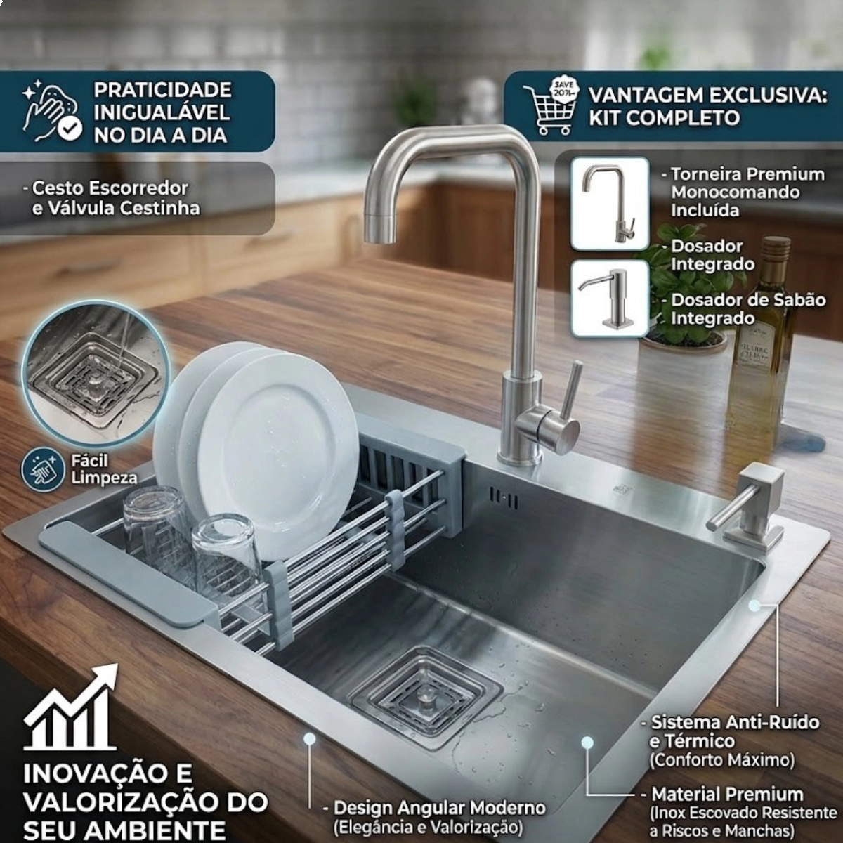 KIT CUBA QUADRADA GOURMET COM TORNEIRA E ACESSORIOS INOX 304 ESCOVADO KIT CUBA QUADRADA GOURMET COM TORNEIRA E ACESSORIOS INOX 304 ESCOVADO