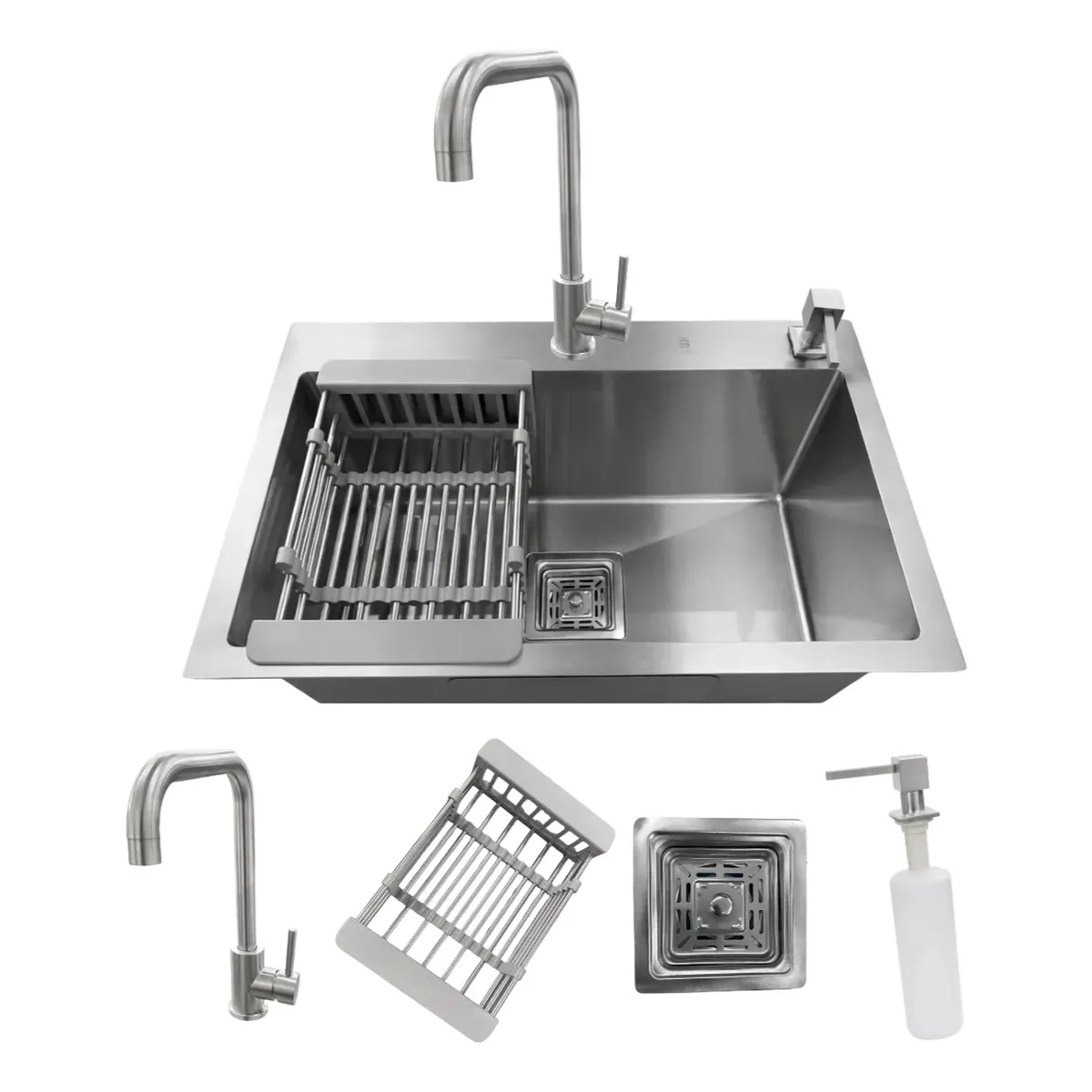 KIT CUBA QUADRADA GOURMET COM TORNEIRA E ACESSORIOS INOX 304 ESCOVADO 