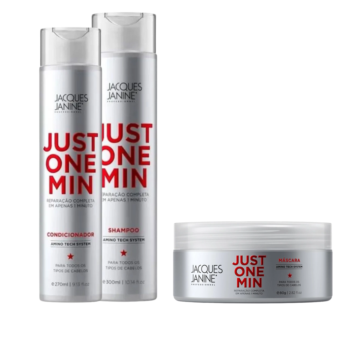KIT JACQUES JANINE JUST ONE MINUTE SHAMPOO, CONDICIONADOR E MÁSCARA 80G