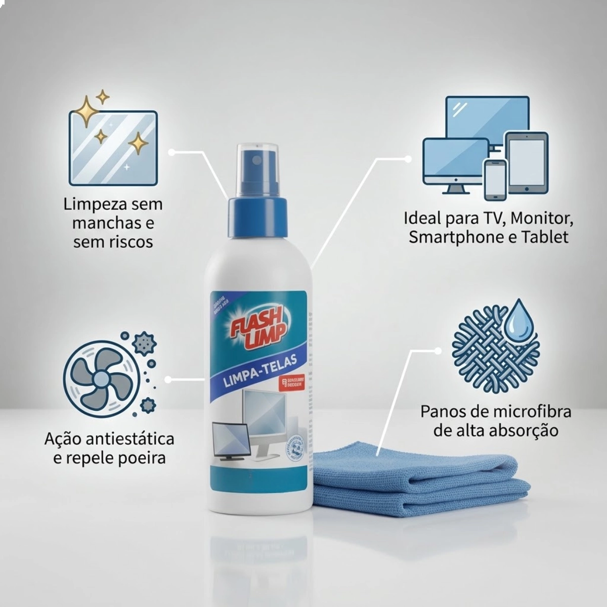 KIT LIMPADOR DE TELAS COM PANO MICROFIBRA 120ML FLASH LIMP
