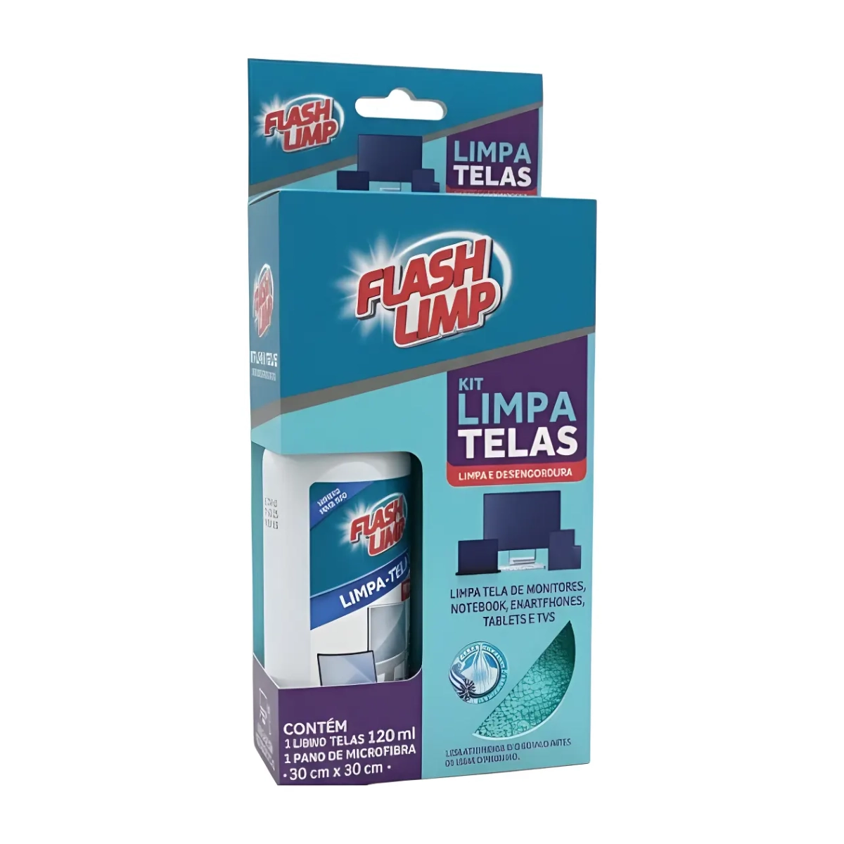 KIT LIMPADOR DE TELAS COM PANO MICROFIBRA 120ML FLASH LIMP