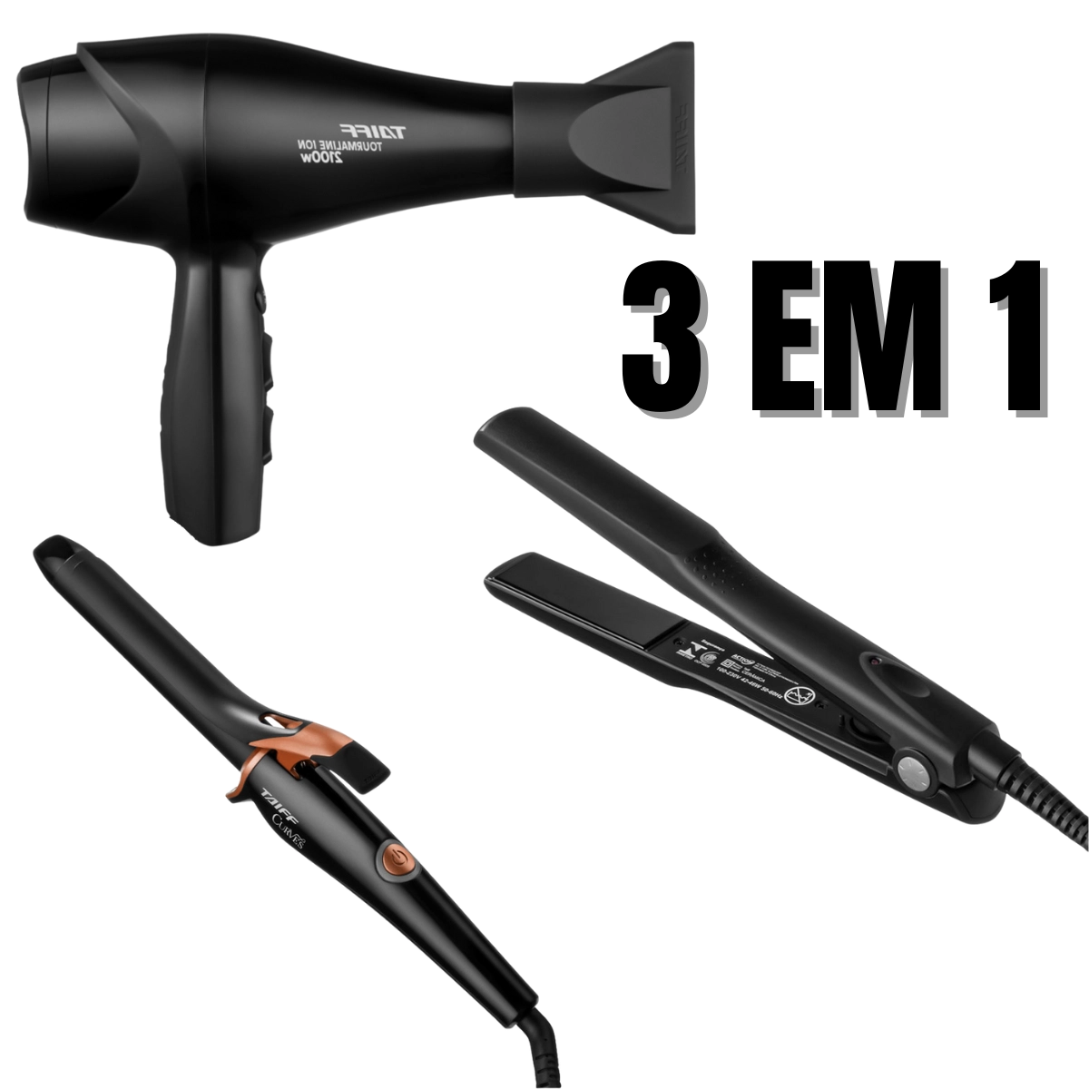 KIT TAIFF MODELADOR DE CACHOS ACURVES, PRANCHA ACTION E SECADOR TOURMALINE