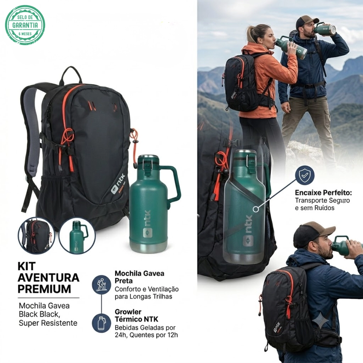 KIT TRILHA SEGURA MOCHILA GAVEA 25L E GARRAFA TÉRMICA GROWLER 1,9L VERDE