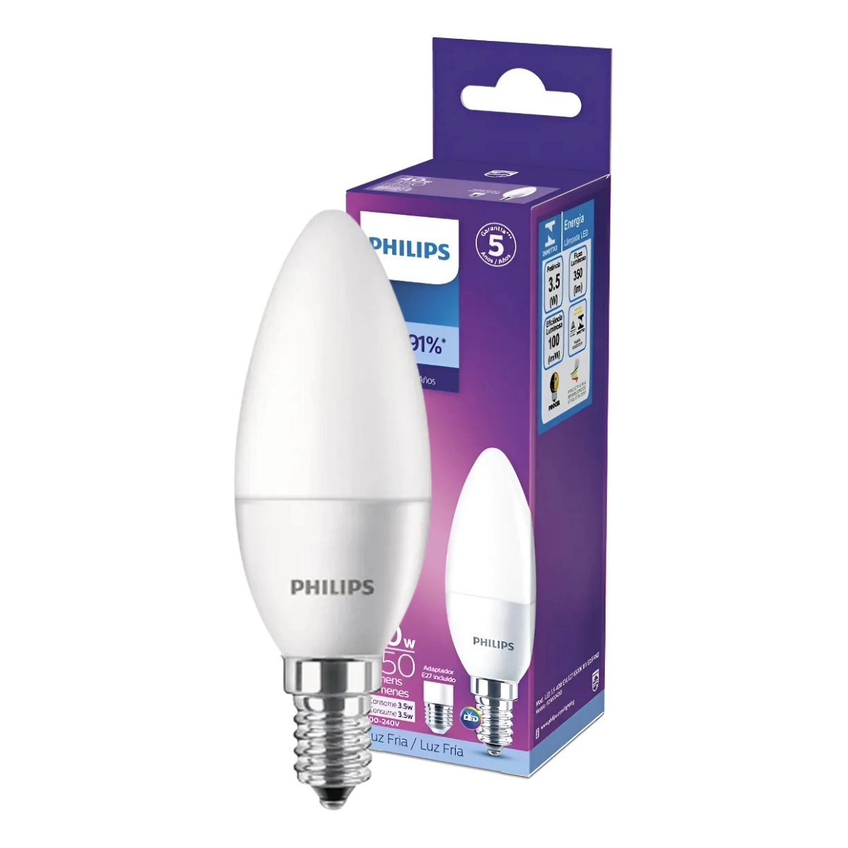 LAMPADA DE LED BRANCA VELA PHILIPS 6500K 3,5W E14 ADAPTADOR E27