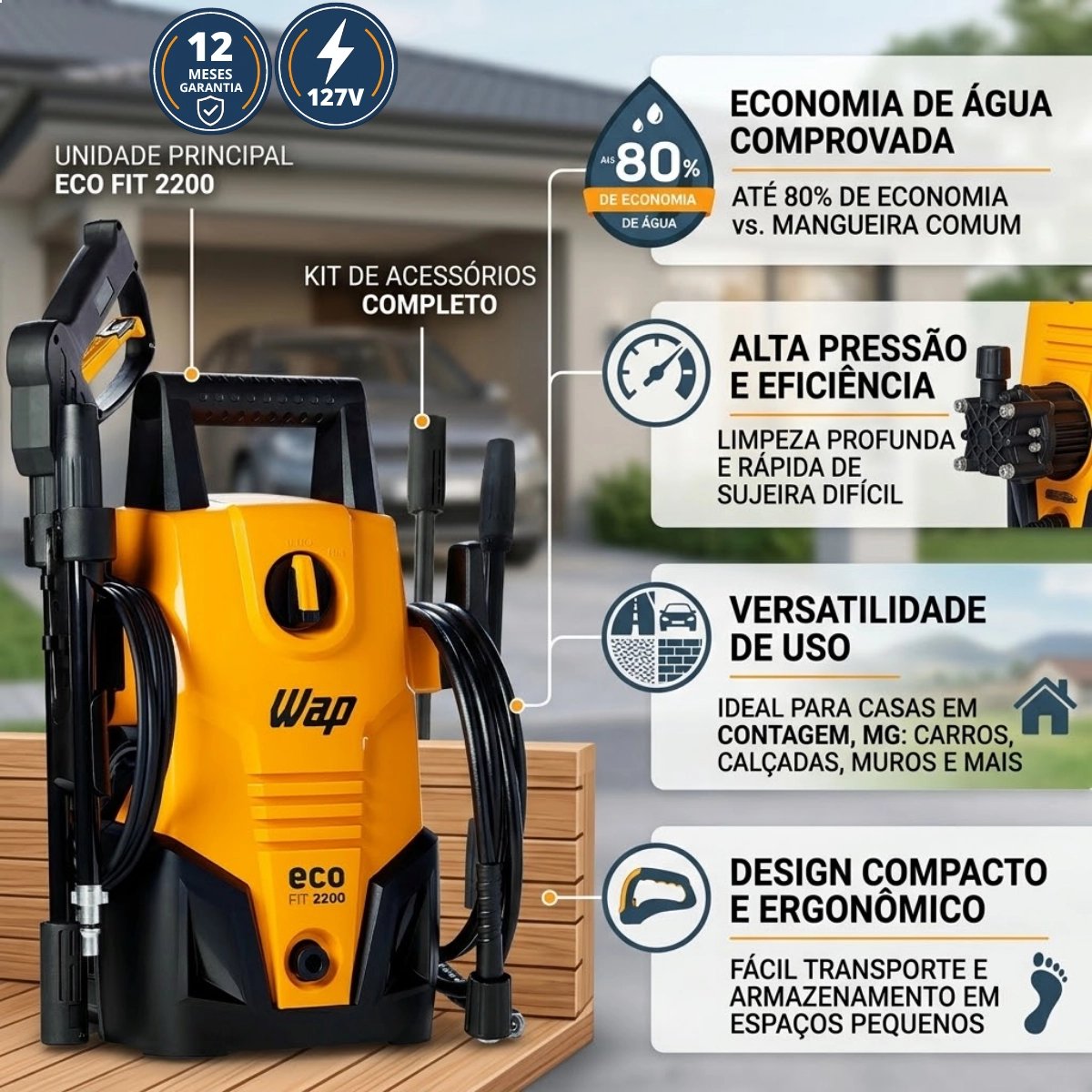 LAVADORA DE ALTA PRESSÃO 1400W 1500PSI WAP ECOFIT 2200 127V LAVADORA DE ALTA PRESSÃO 1400W 1500PSI WAP ECOFIT 2200 127V