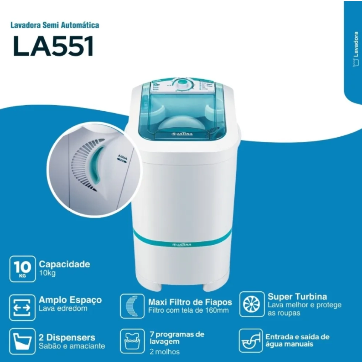 Lavadora Semiautomática Latina LA551 10kg Potência e Economia para sua Casa Lavadora Semiautomática Latina LA551 10kg Potência e Economia para sua Casa