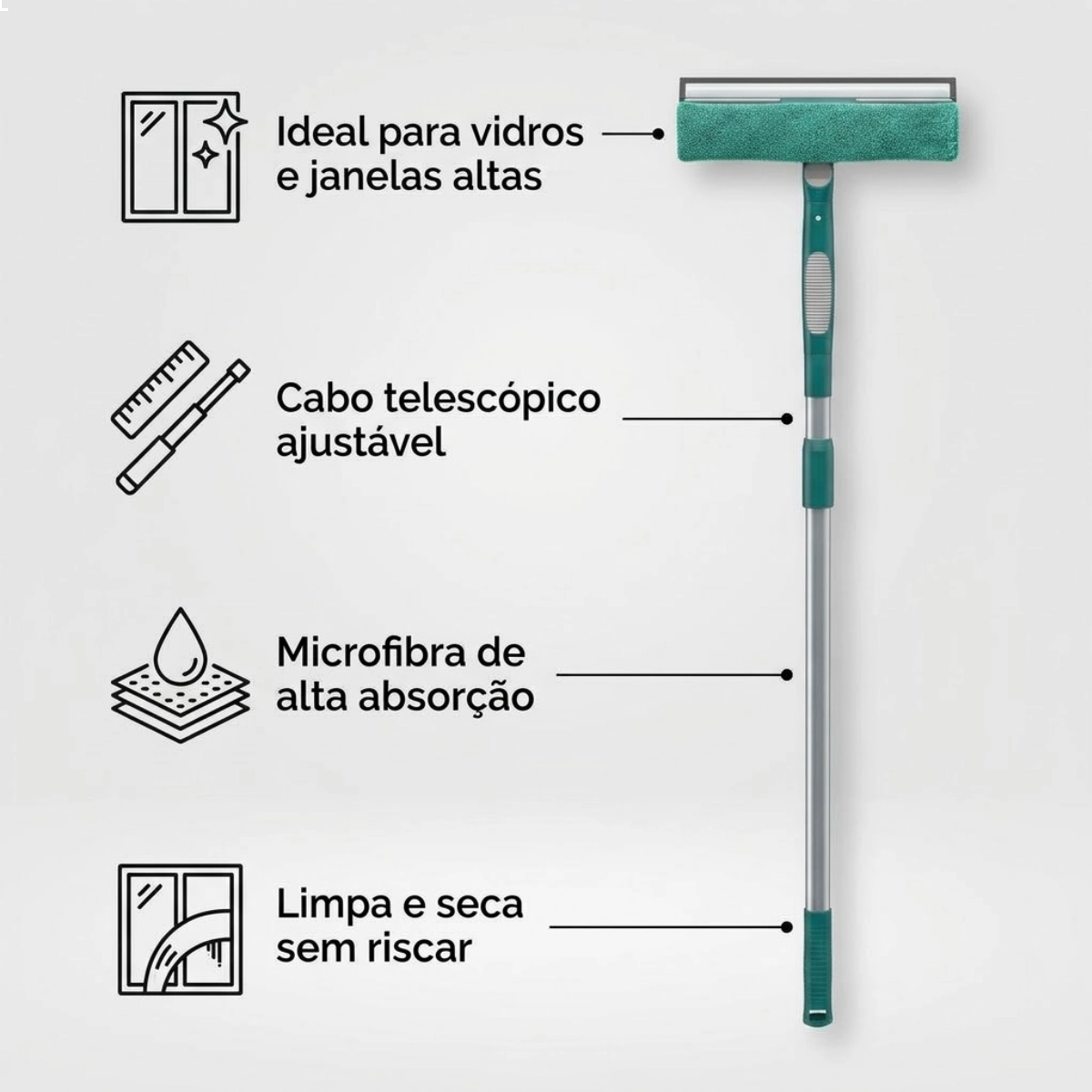 LIMPA VIDROS COM CABO EXTENSÍVEL 180º MICROFIBRA FLASH LIMP VERDE