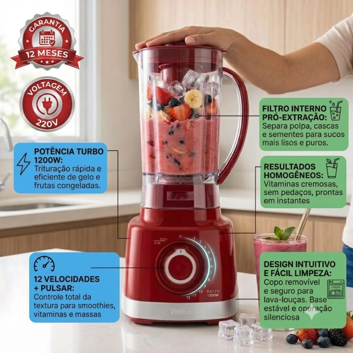 LIQUIDIFICADOR PHILCO 3 LITROS 1200W PLQ1310V VERMELHO 220V LIQUIDIFICADOR PHILCO 3 LITROS 1200W PLQ1310V VERMELHO 220V