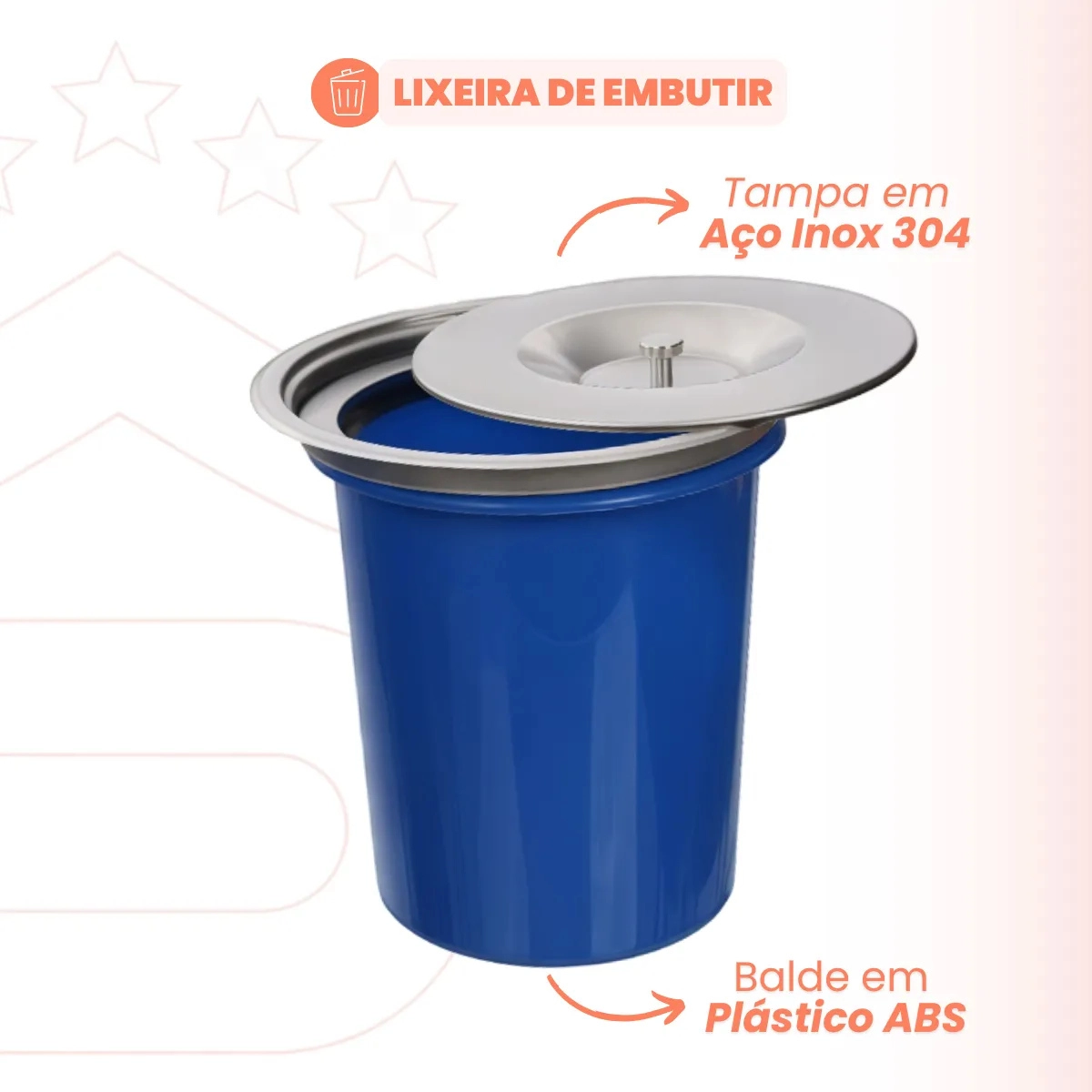 LIXEIRA DE EMBUTIR PARA PIA BANCADA 8 LITROS AÇO INOX 304 PRATA COM AZUL LIXEIRA DE EMBUTIR PARA PIA BANCADA 8 LITROS AÇO INOX 304 PRATA COM AZUL