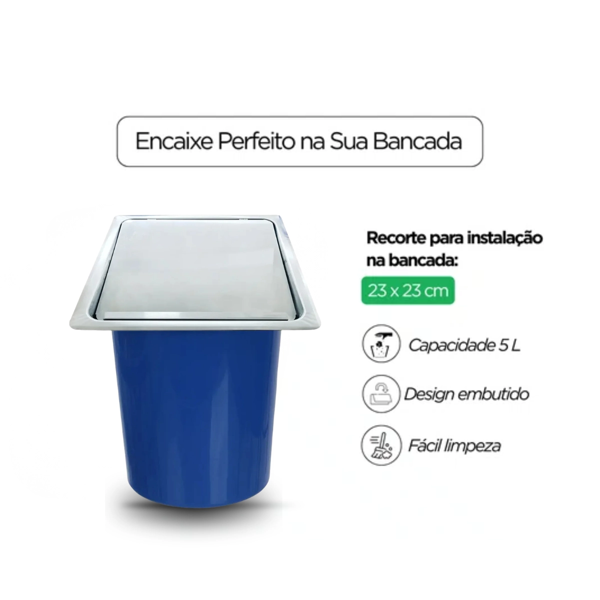 Lixeira de Embutir Quadrada Pia e Bancada Inox 5l com Tampa