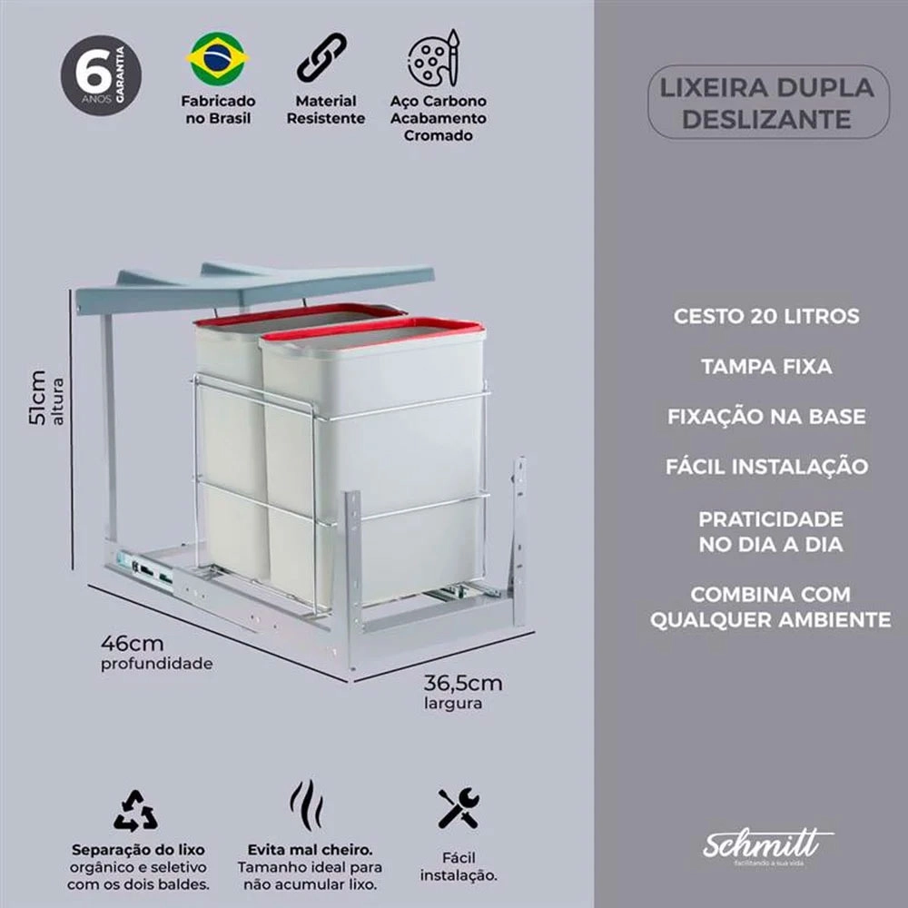 Lixeira Dupla Deslizante com Tampa Fixa Branco Schmitt 20l