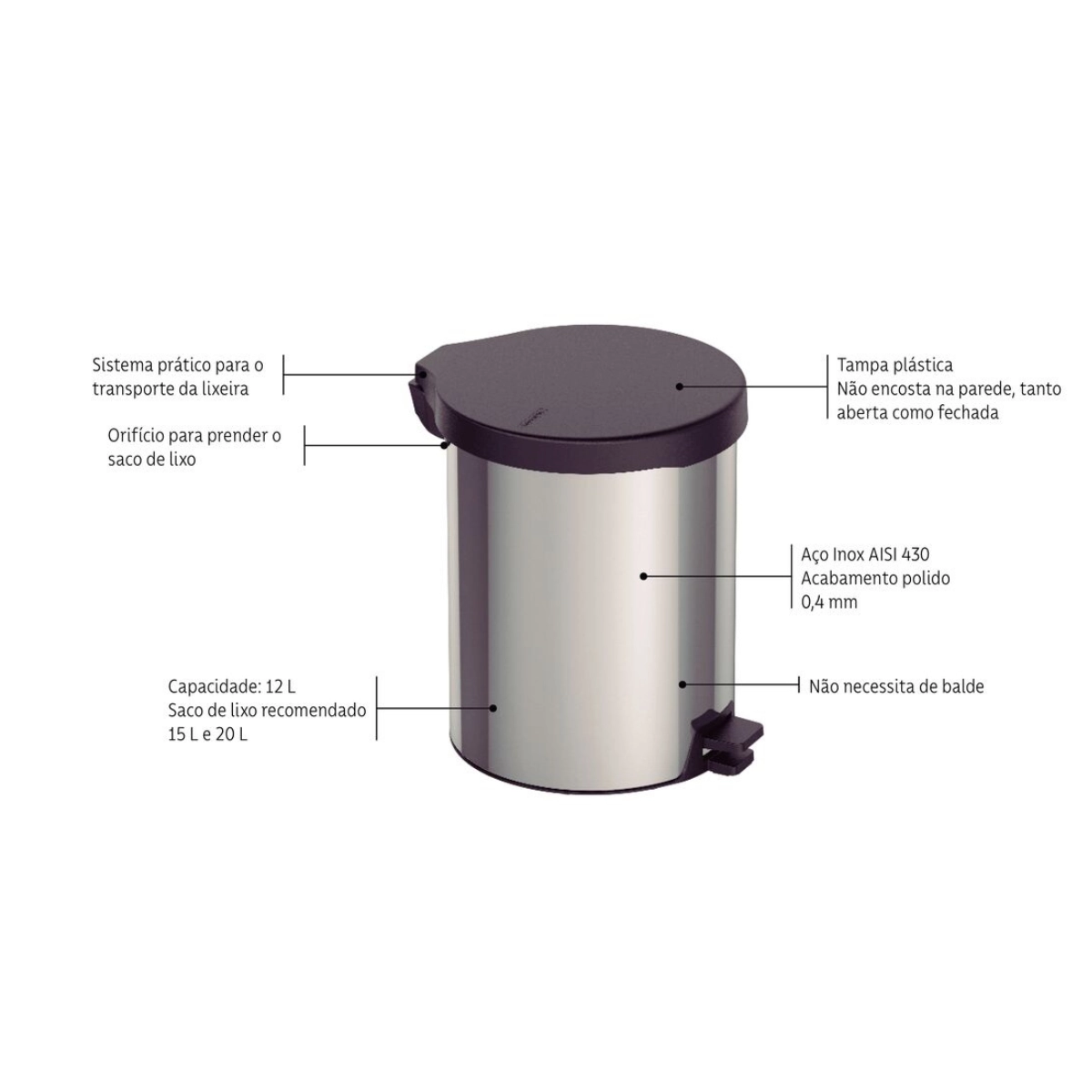 LIXEIRA INOX COM PEDAL NEW 12 LITROS TRAMONTINA