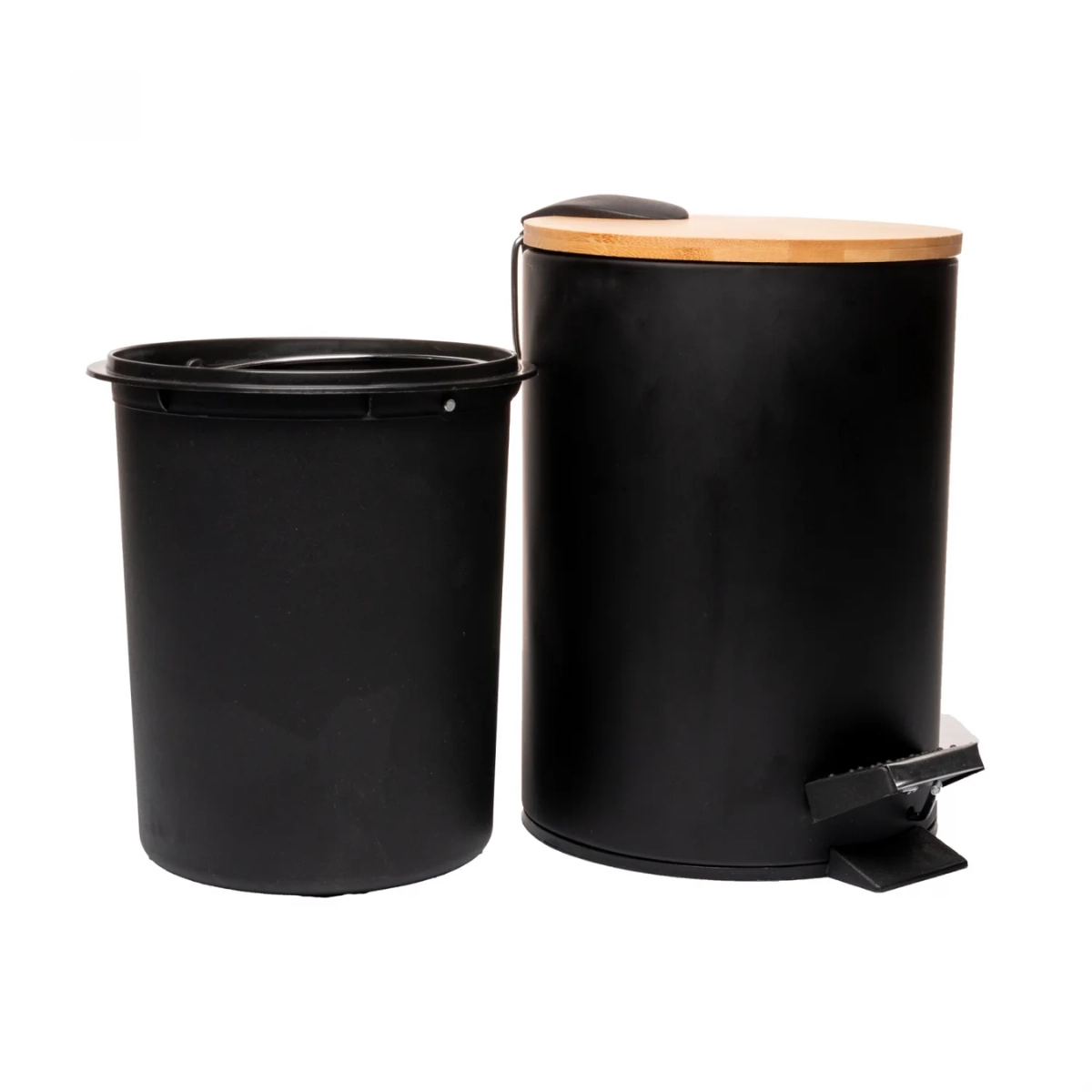 LIXEIRA REDONDA 3 LITROS METAL COM PEDAL E TAMPA EM BAMBU PRETA