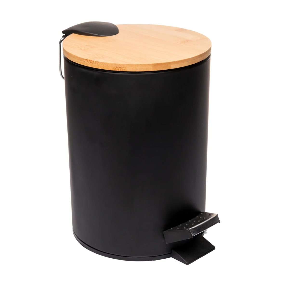 LIXEIRA REDONDA 3 LITROS METAL COM PEDAL E TAMPA EM BAMBU PRETA