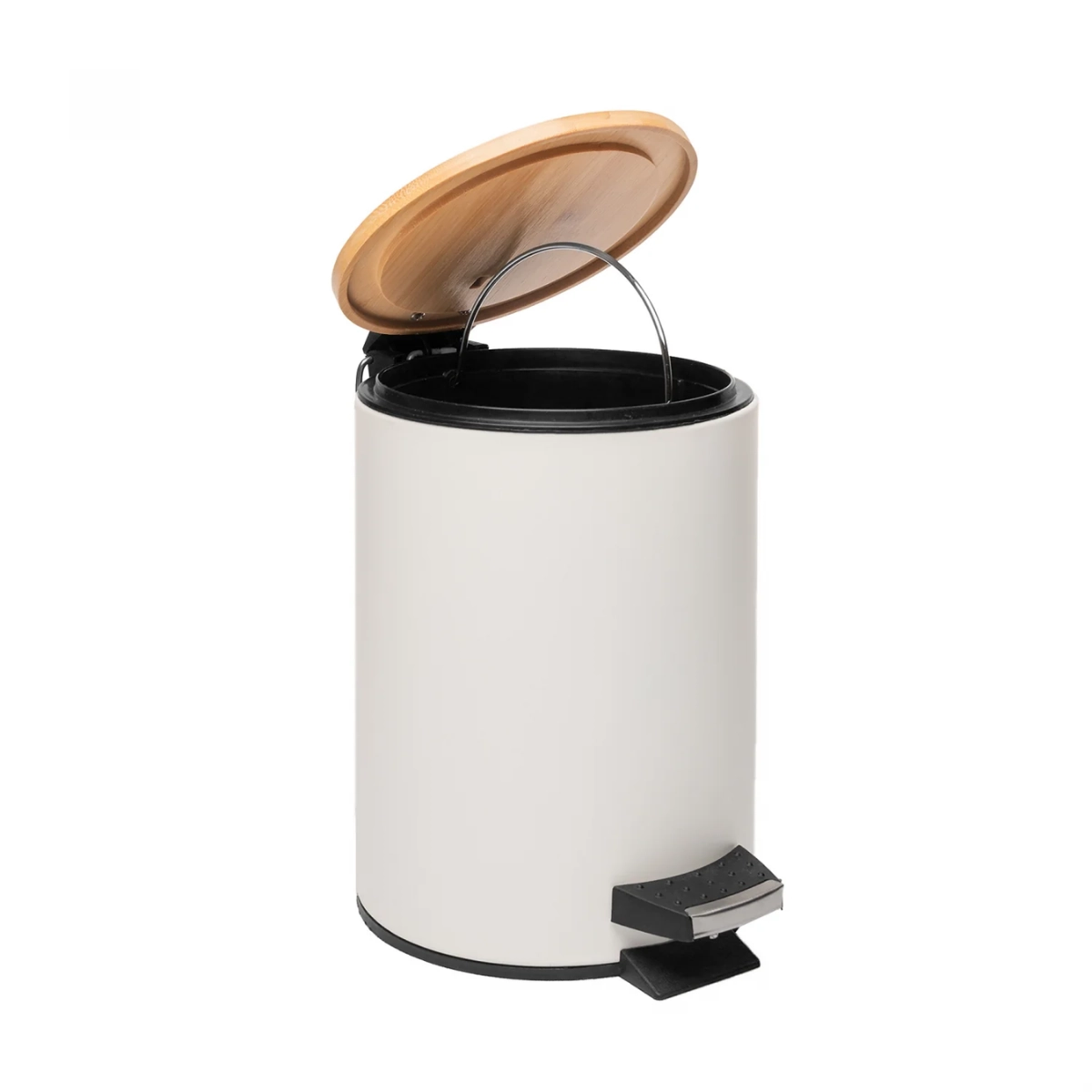 LIXEIRA REDONDA DE METAL COM PEDAL E TAMPA EM BAMBU BRANCA 5L LIXEIRA REDONDA DE METAL COM PEDAL E TAMPA EM BAMBU BRANCA 5L