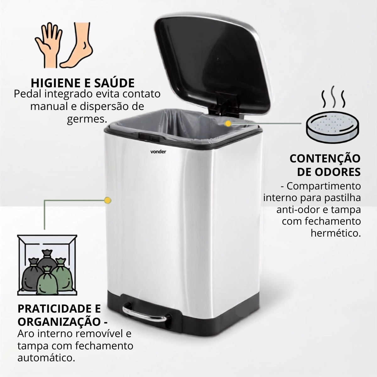 LIXEIRA RETANGULAR 12 LITROS INOX CINZA VONDER LIXEIRA RETANGULAR 12 LITROS INOX CINZA VONDER