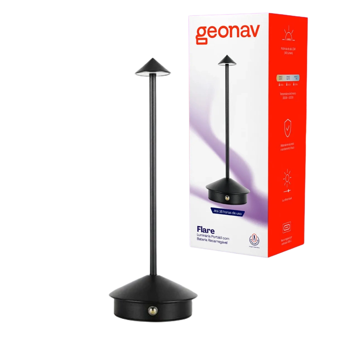 LUMINÁRIA FLARE PORTÁTIL COM BATERIA RECARREGÁVEL PRETA