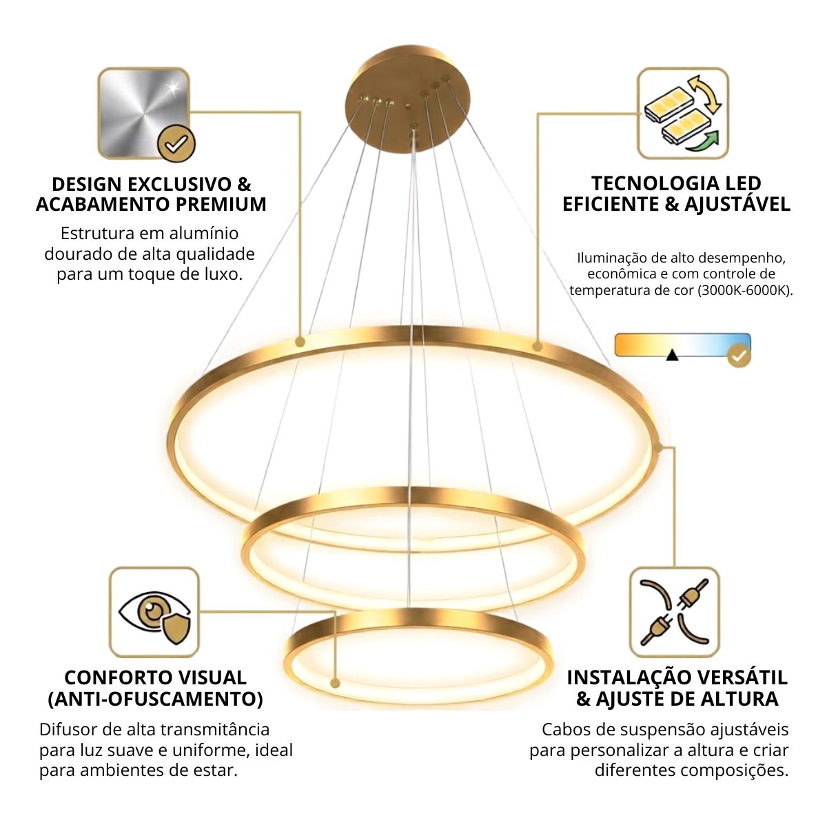 LUSTRE LED MODERNO PENDENTE 3 ARCOS DOURADOS ALUMÍNIO LUSTRE LED MODERNO PENDENTE 3 ARCOS DOURADOS ALUMÍNIO