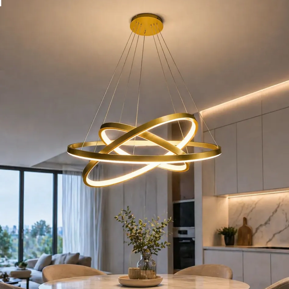 LUSTRE LED MODERNO PENDENTE 3 ARCOS DOURADOS ALUMÍNIO LUSTRE LED MODERNO PENDENTE 3 ARCOS DOURADOS ALUMÍNIO