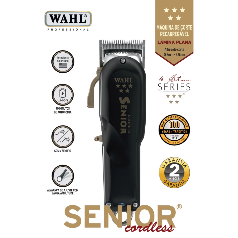 Máquina de Cortar Cabelo sem Fio Wahl Senior Cordless Preto Bivolt