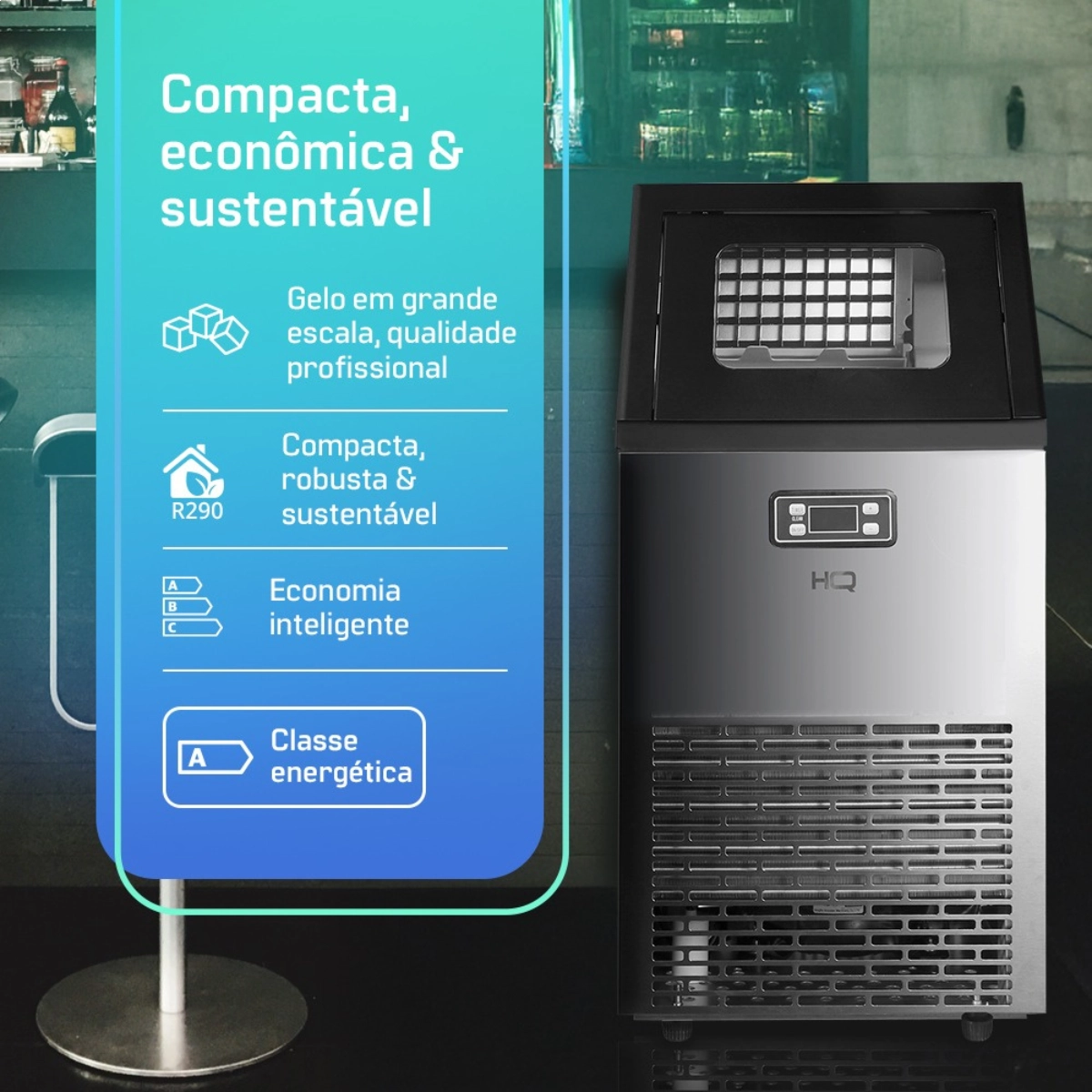 MÁQUINA DE GELO PROFISSIONAL HQ 45KG TURBO ICE PRETO E INOX 220V