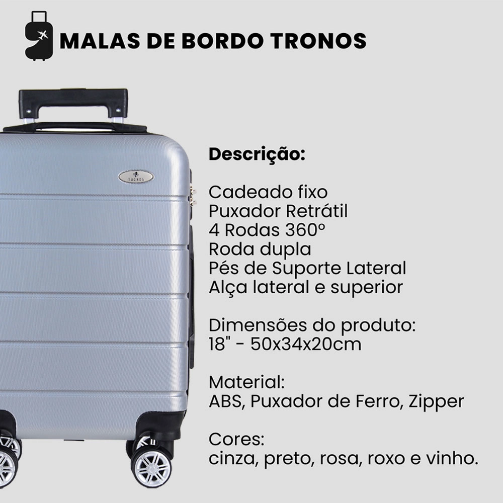Mala de Bordo Tronos Cinza 4 Rodas 360 Graus Tamanho 18