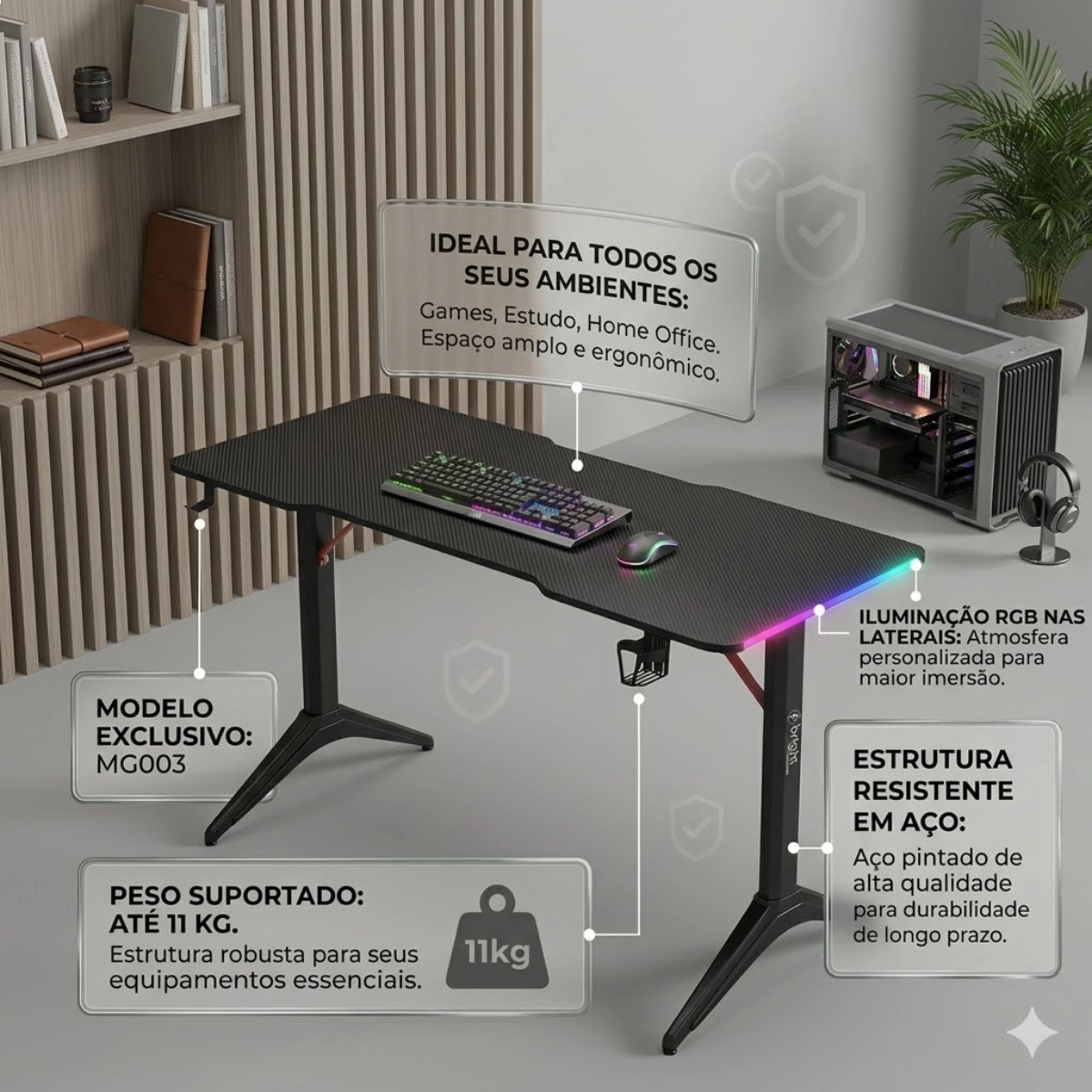 Mesa Gamer Striker Preto com Rgb Bright Ate 11kg e Controle de Iluminação