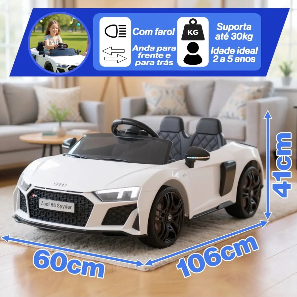 MINI AUDI R8 SPYDER ELÉTRICO AUDI R8 SPYDER IMPORTWAY 12V BRANCO MINI AUDI R8 SPYDER ELÉTRICO AUDI R8 SPYDER IMPORTWAY 12V BRANCO