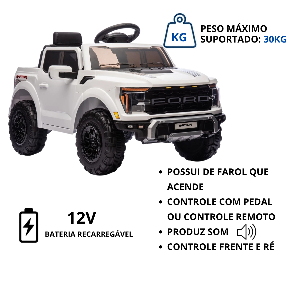 MINI CAMINHONETE ELETRICA FORD F-150 RAPTOR BRANCO 12V IMPORTWAY MINI CAMINHONETE ELETRICA FORD F-150 RAPTOR BRANCO 12V IMPORTWAY