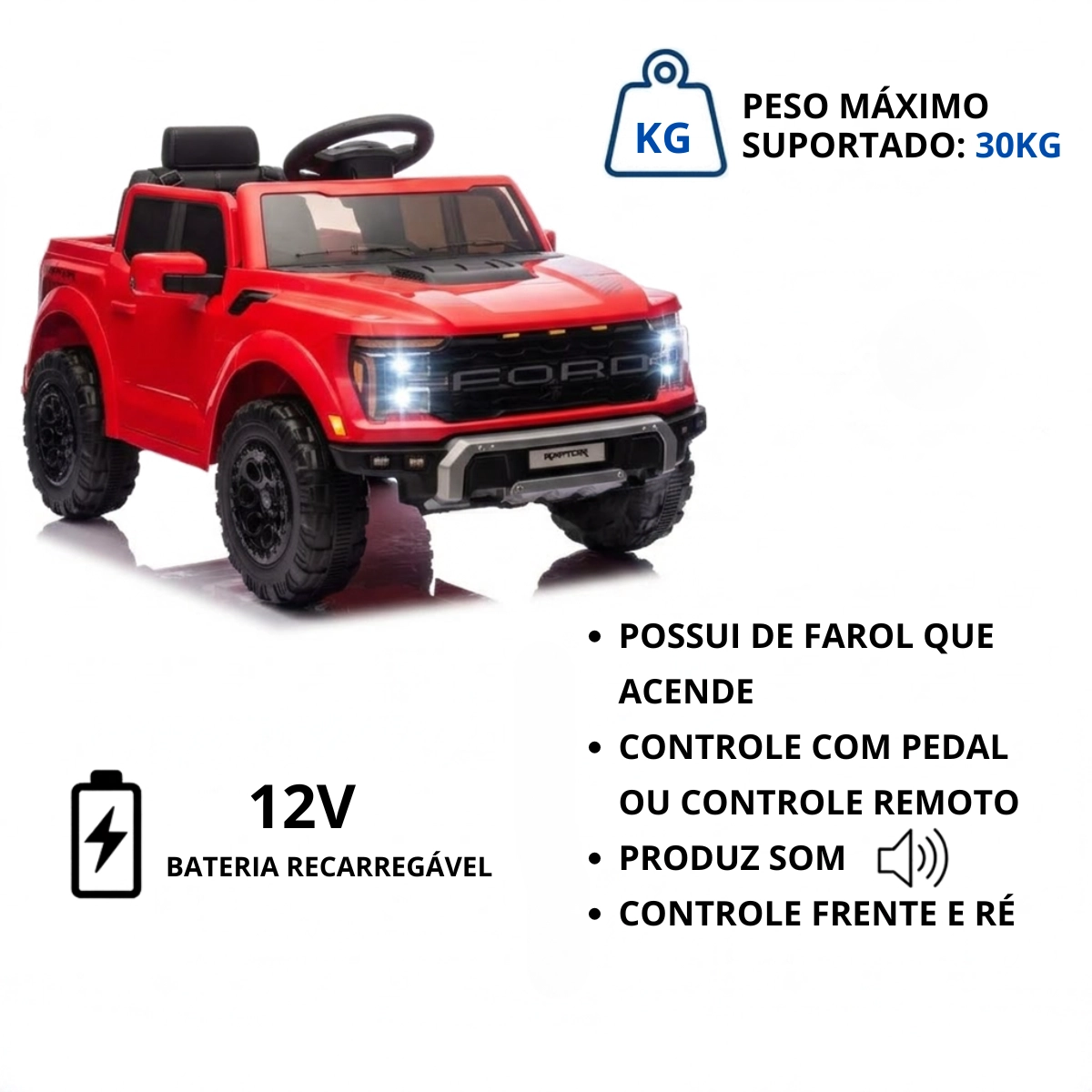 MINI CAMINHONETE ELETRICA FORD F-150 RAPTOR VERMELHO 12V IMPORTWAY MINI CAMINHONETE ELETRICA FORD F-150 RAPTOR VERMELHO 12V IMPORTWAY