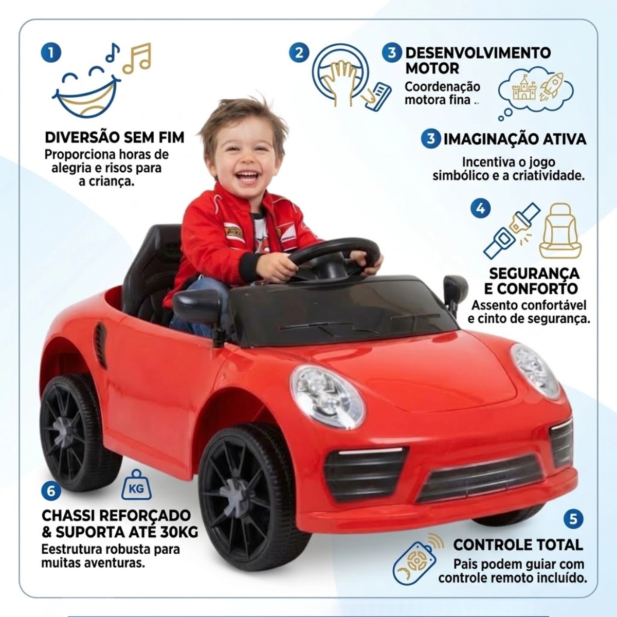 MINI CARRO ELÉTRICO INFANTIL 6V COM LUZ ATÉ 30KG VERMELHO