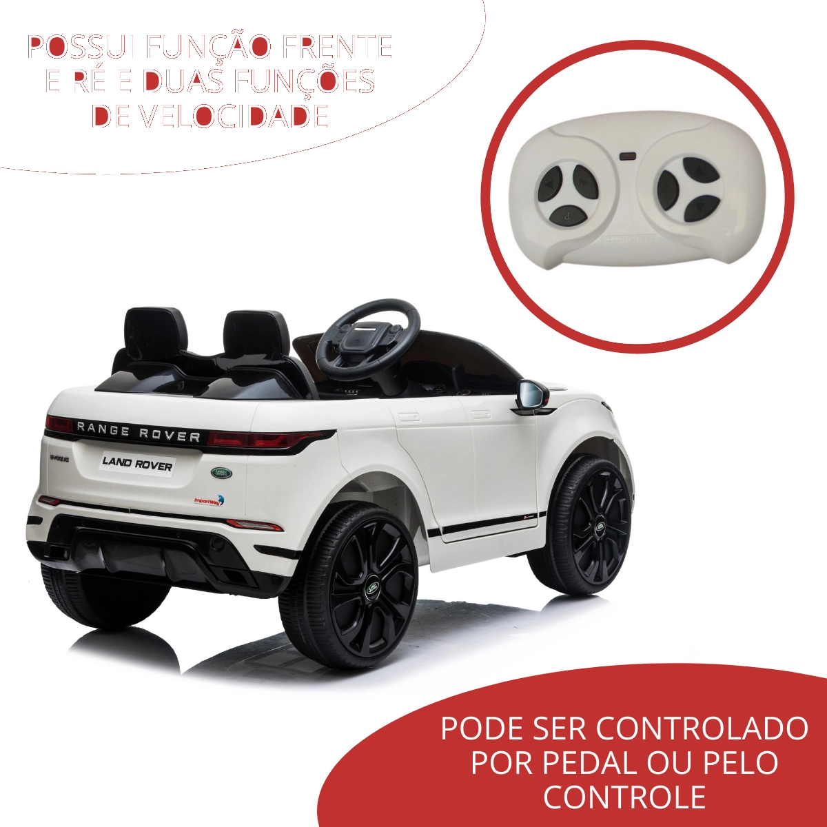 Mini Carro Elétrico Infantil Criança 12V Land Rover Evoque Controle Remoto Branco Brinqway Importway BW-128BR