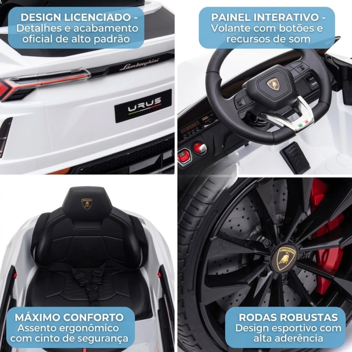 MINI CARRO ELÉTRICO INFANTIL LAMBORGHINI URUS BRANCO 12V COM CONTROLE