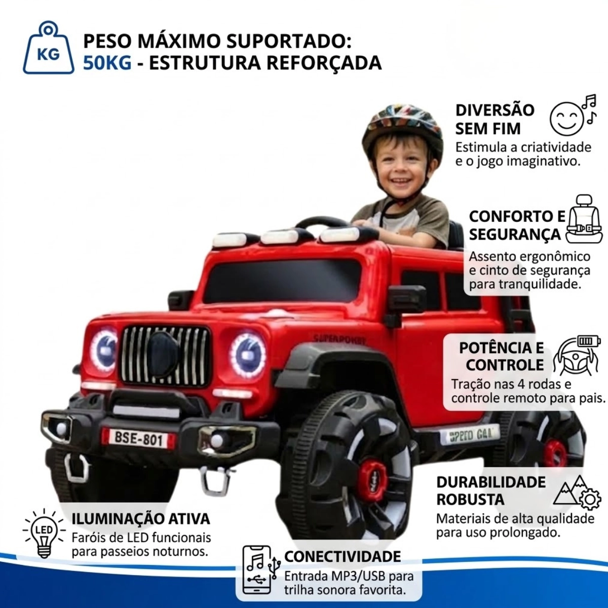 MINI CARRO ELÉTRICO VERMELHO INFANTIL CONTROLE REMOTO LUZ SOM 50KG