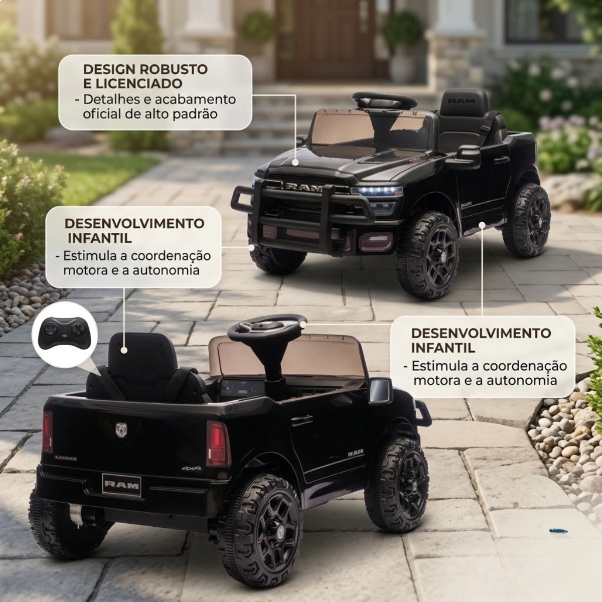 MINI CARRO ELETRICO DODGE RAM 3500 RHO INFANTIL 6V PRETO IMPORTWAY