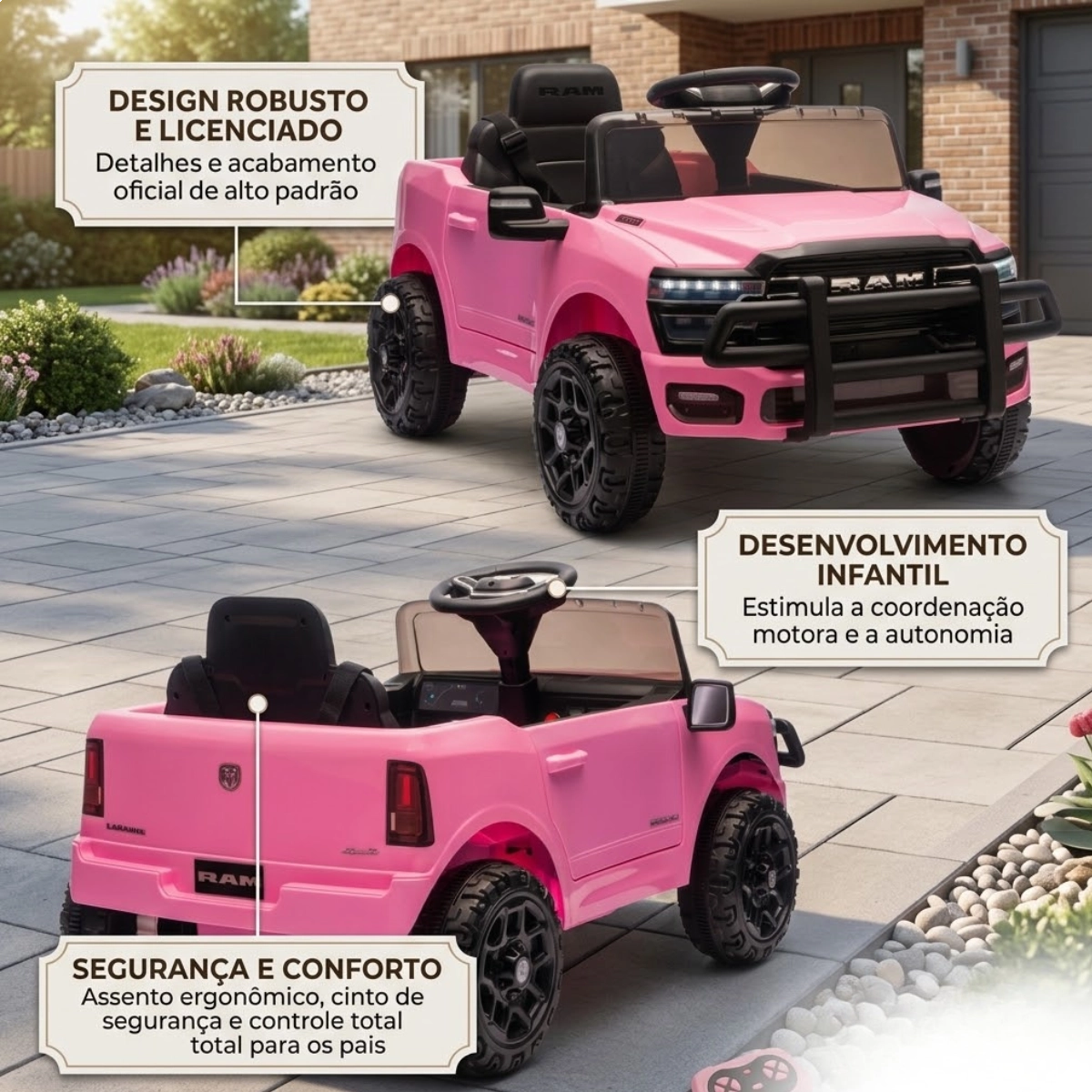 MINI CARRO ELETRICO DODGE RAM 3500 RHO INFANTIL 6V ROSA IMPORTWAY