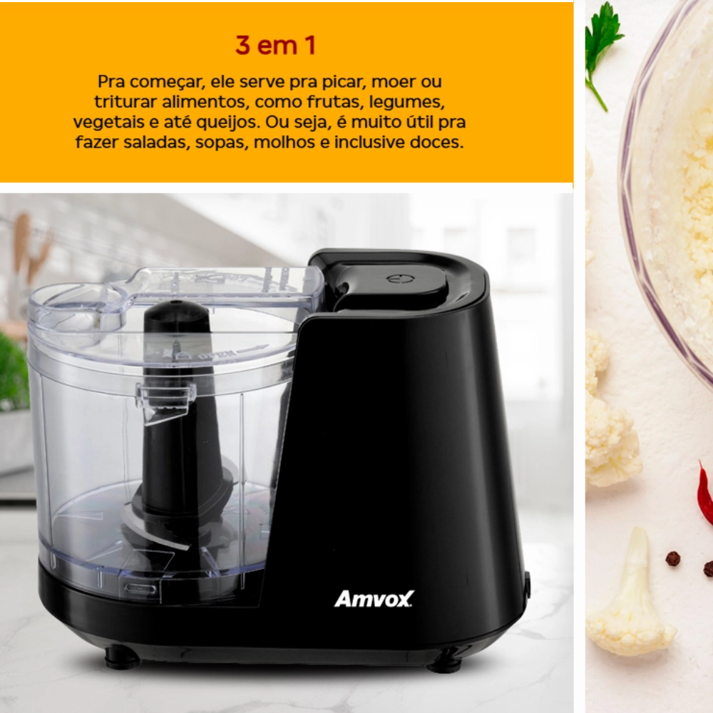 Mini Processador de Alimentos Amvox 100w Preto - Apr1001 3 Funções