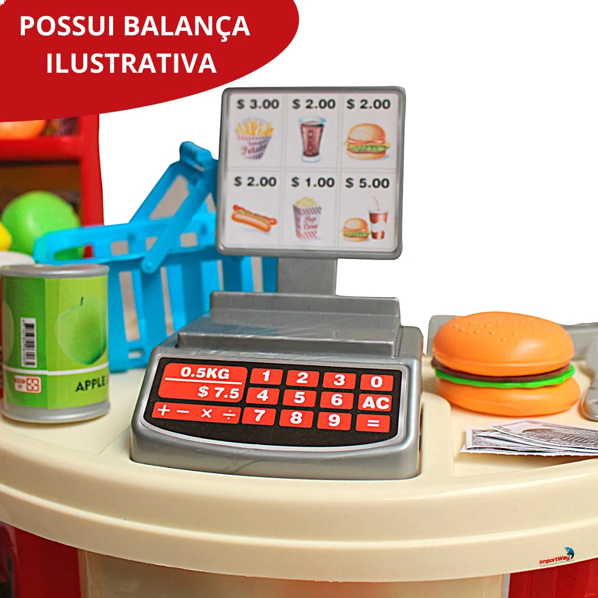 MINI SUPERMERCADO INFANTIL CAIXA 30 PEÇAS E CESTA MERCADINHO IMPORTWAY