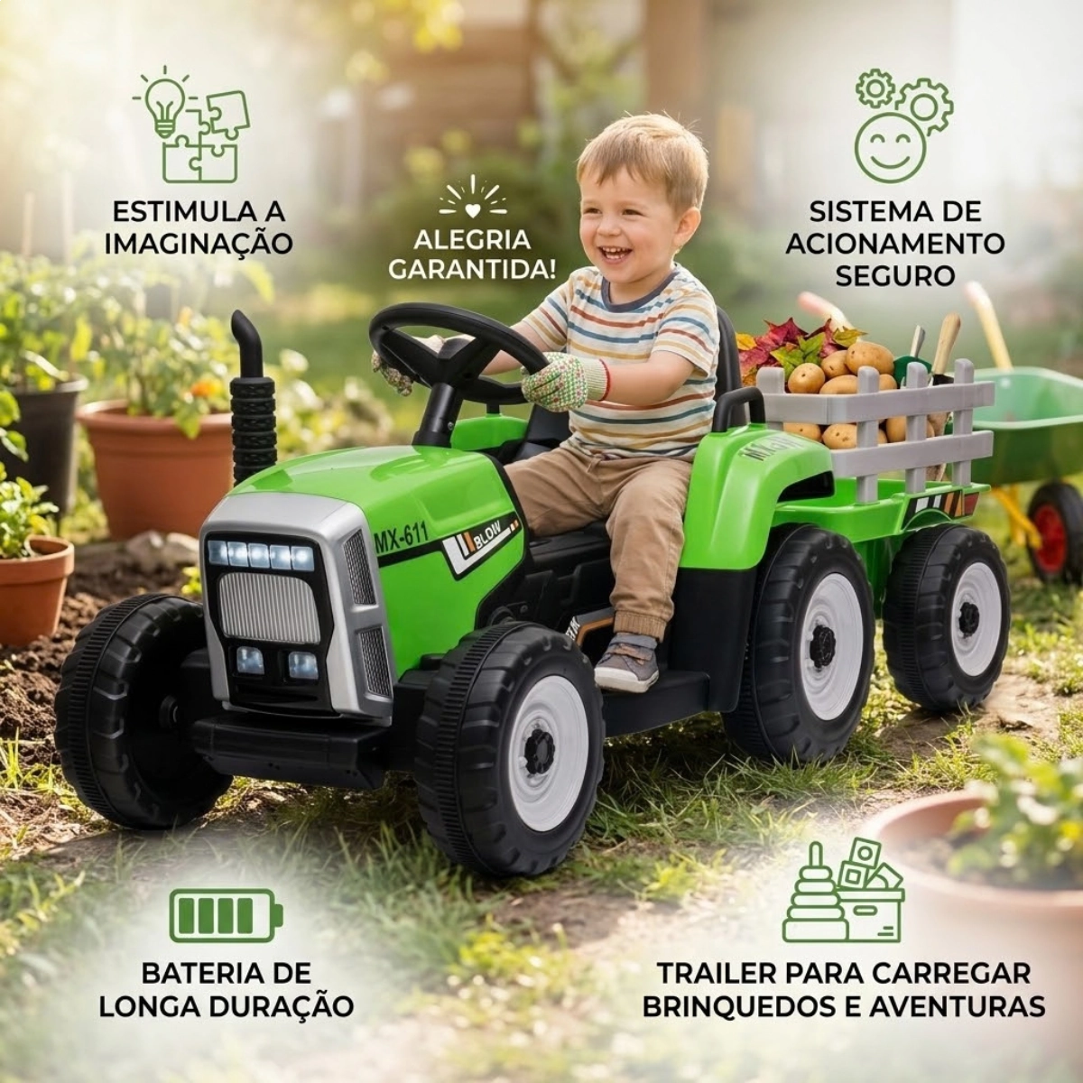 MINI TRATOR ELETRICO COM CARRETA 12V VERDE FAZENDEIRO BW210VD MINI TRATOR ELETRICO COM CARRETA 12V VERDE FAZENDEIRO BW210VD