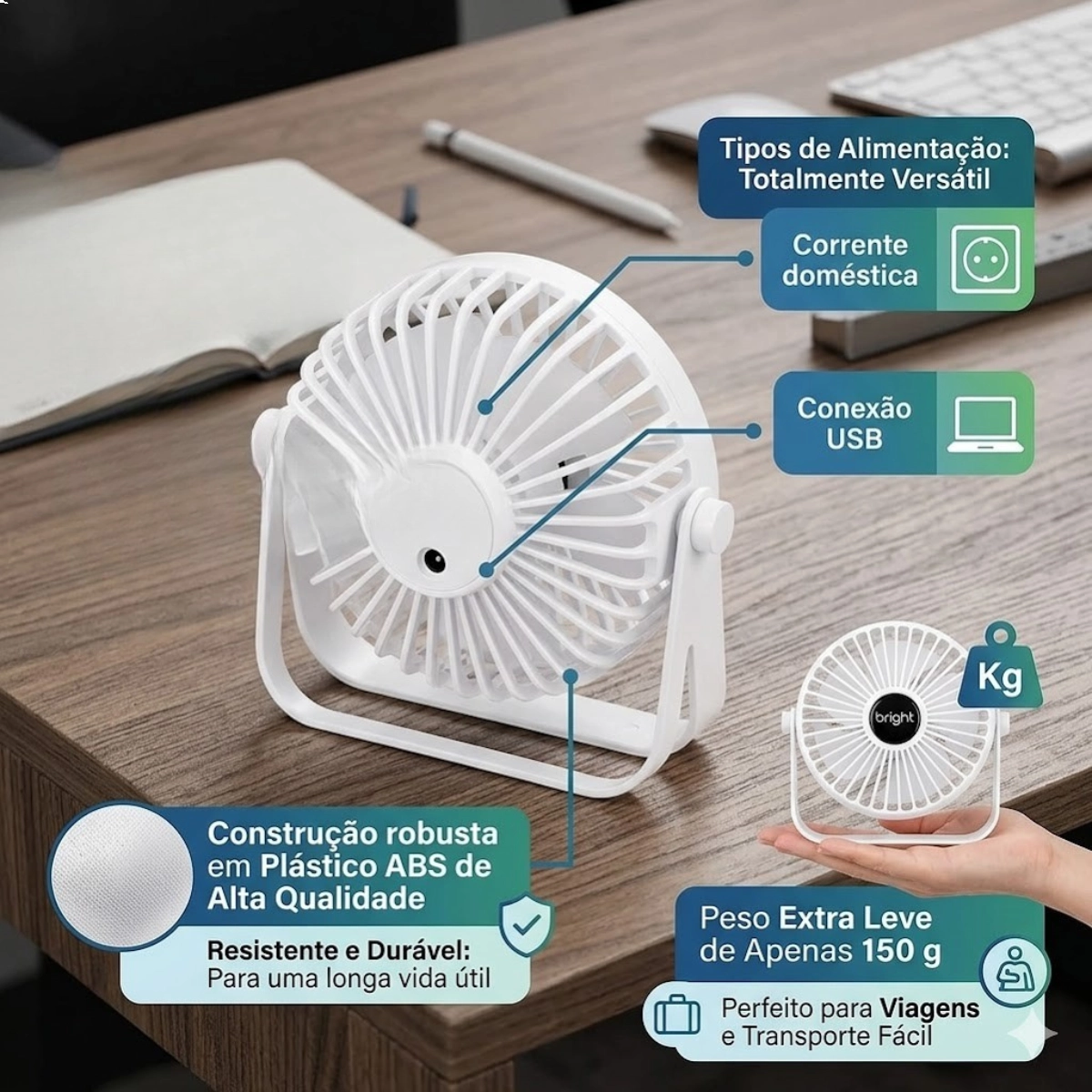 MINI VENTILADOR DE MESA 5V PORTATIL USB BRANCO VN007 BRIGHT