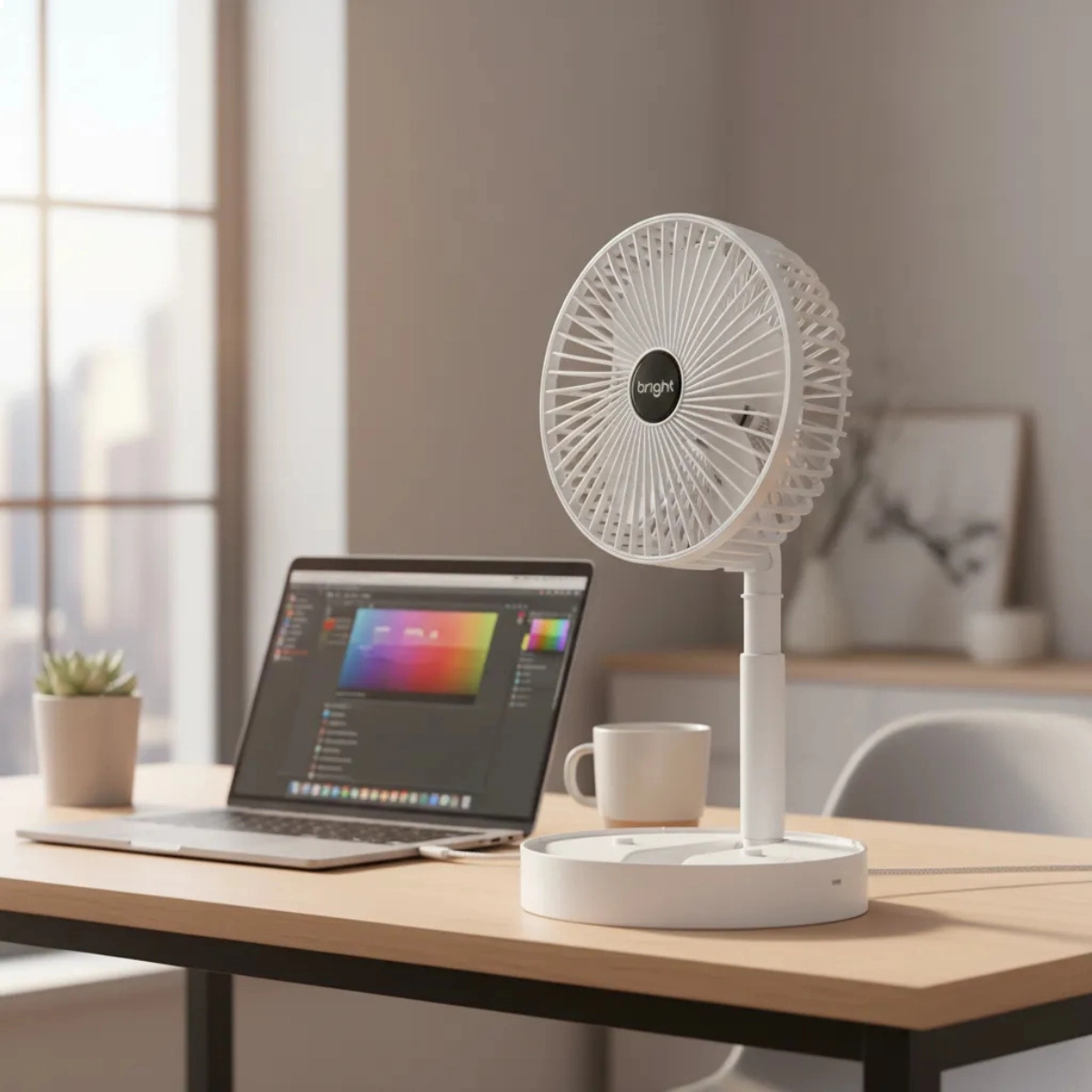 MINI VENTILADOR DE MESA PORTATIL BRANCO RECARREGAVEL E COM SUPORTE CELULAR 4,5W 3 VEL