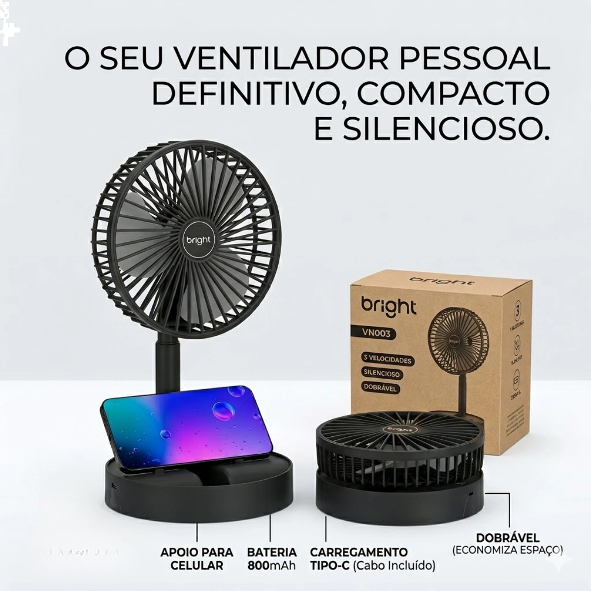 MINI VENTILADOR DE MESA PORTATIL PRETO RECARREGAVEL E COM SUPORTE CELULAR 4,5W 3 VEL