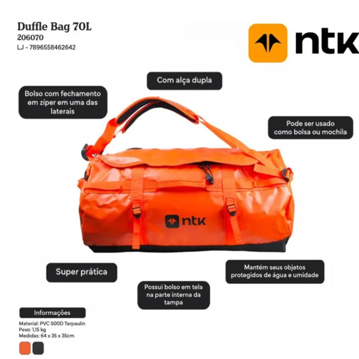 MOCHILA DUFFLE PARA CAMPING NAUTIKA PARA VIAGENS 70 LITROS LARANJA MOCHILA DUFFLE PARA CAMPING NAUTIKA PARA VIAGENS 70 LITROS LARANJA