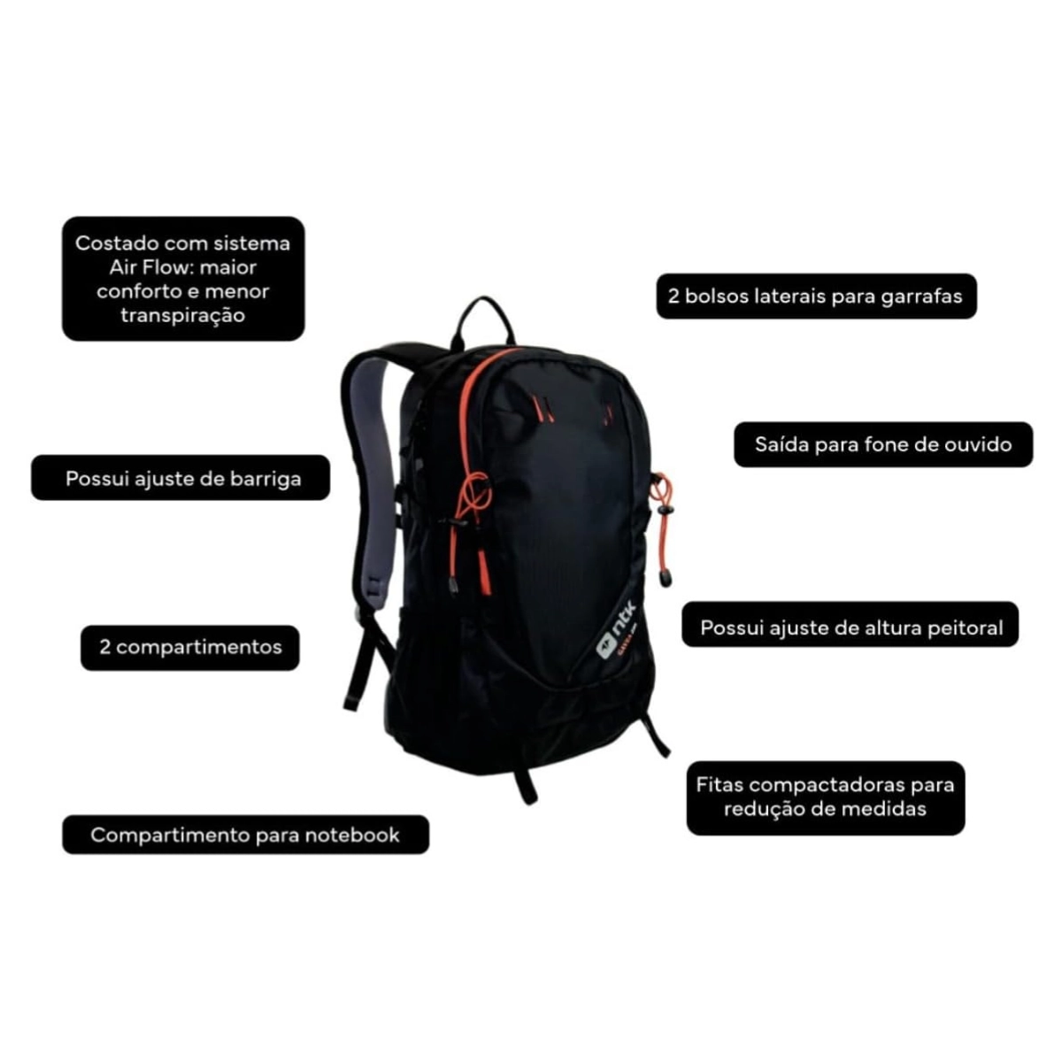 MOCHILA GÁVEA 25L NTK TECIDO RIPSTOP E SISTEMA AIR FLOW PRETA