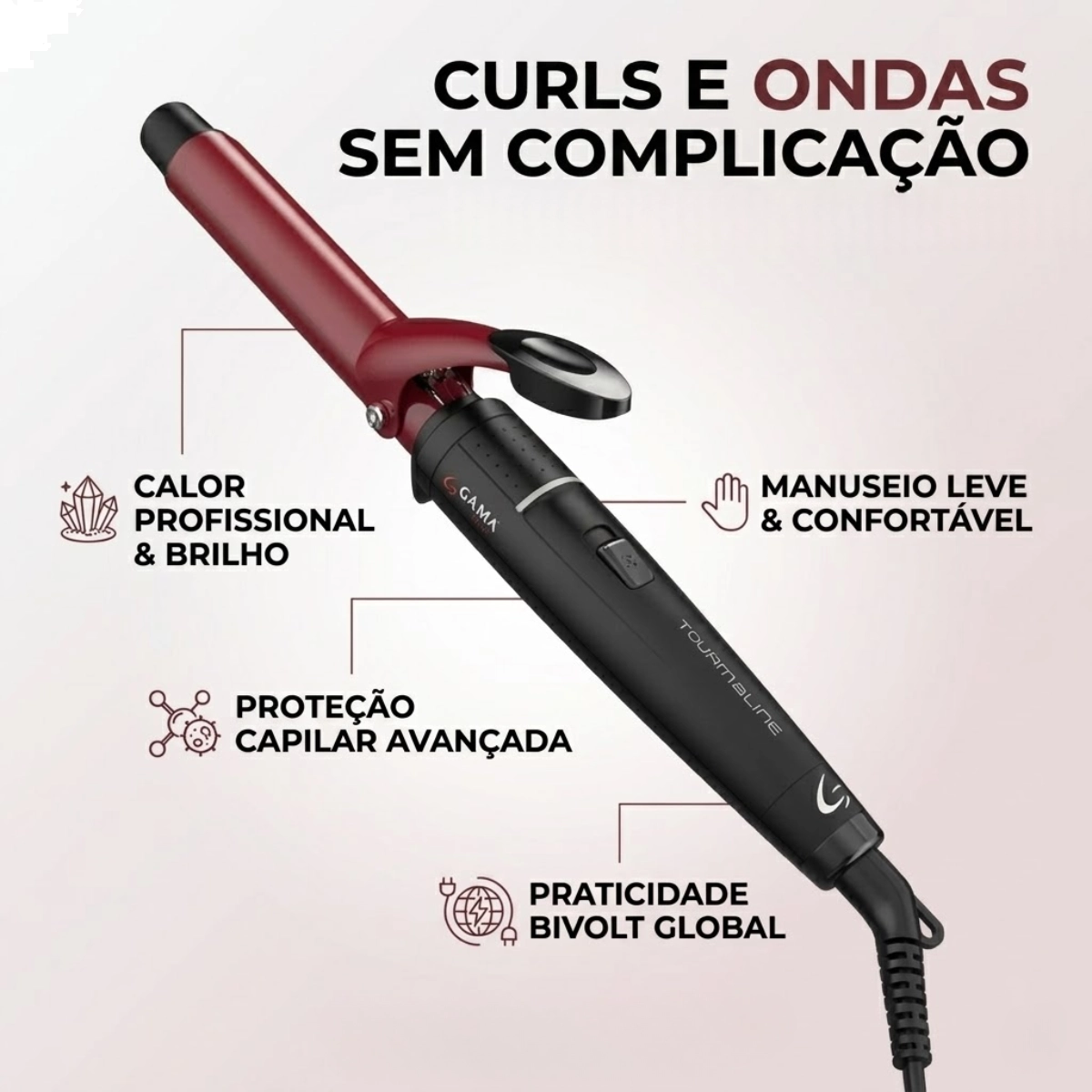 MODELADOR DE CACHOS GAMA CERAMIC TOURMALINE NEW 25MM BIVOLT COM ÍONS 220C MODELADOR DE CACHOS GAMA CERAMIC TOURMALINE NEW 25MM BIVOLT COM ÍONS 220C